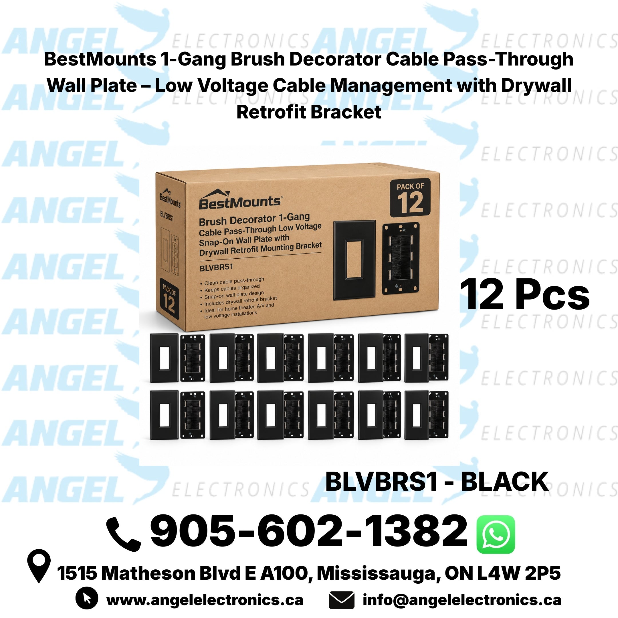 BestMounts Combo: Brush Decorator 1-Gang Cable Pass-Through Low Voltage Snap-On Wall Plate with Drywall Retrofit Mounting Bracket | BLVBRS1