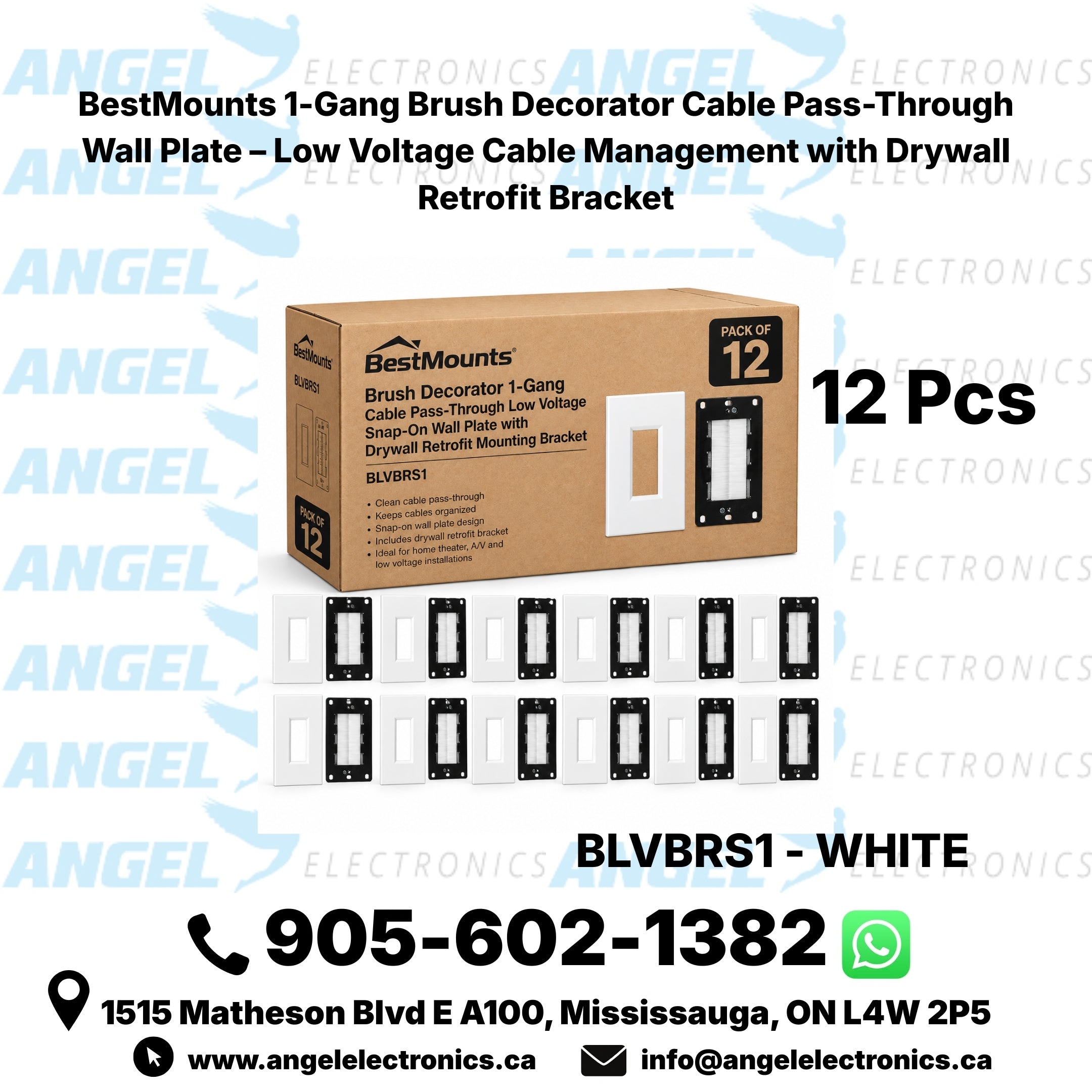 BestMounts Combo: Brush Decorator 1-Gang Cable Pass-Through Low Voltage Snap-On Wall Plate with Drywall Retrofit Mounting Bracket | BLVBRS1