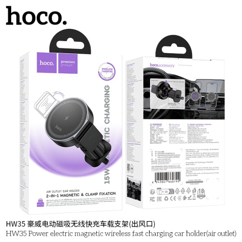 Support de voiture magnétique pour grille d'aération Hoco HW35 2-en-1 – Charge sans fil MagSafe 15W
