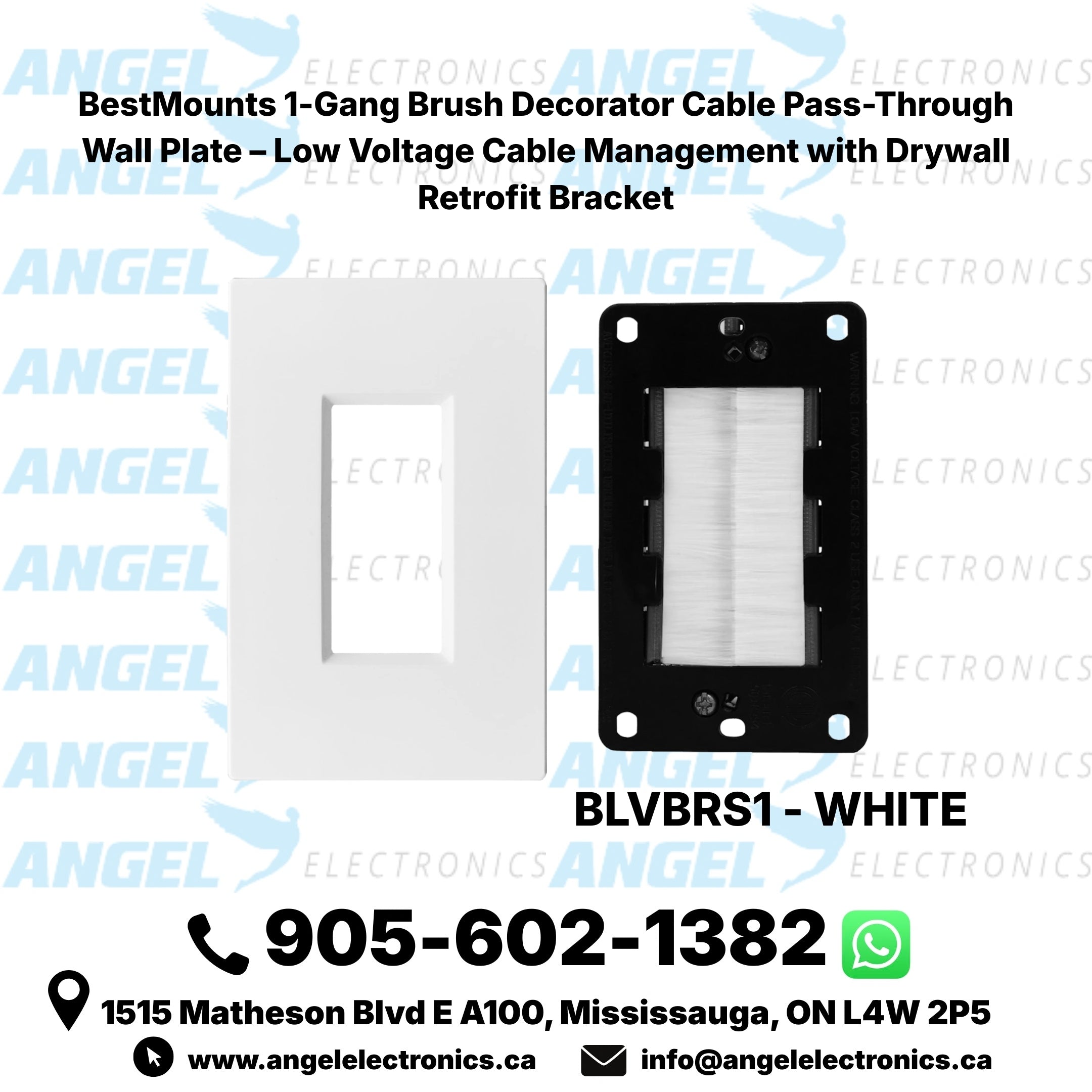 BestMounts Combo: Brush Decorator 1-Gang Cable Pass-Through Low Voltage Snap-On Wall Plate with Drywall Retrofit Mounting Bracket | BLVBRS1