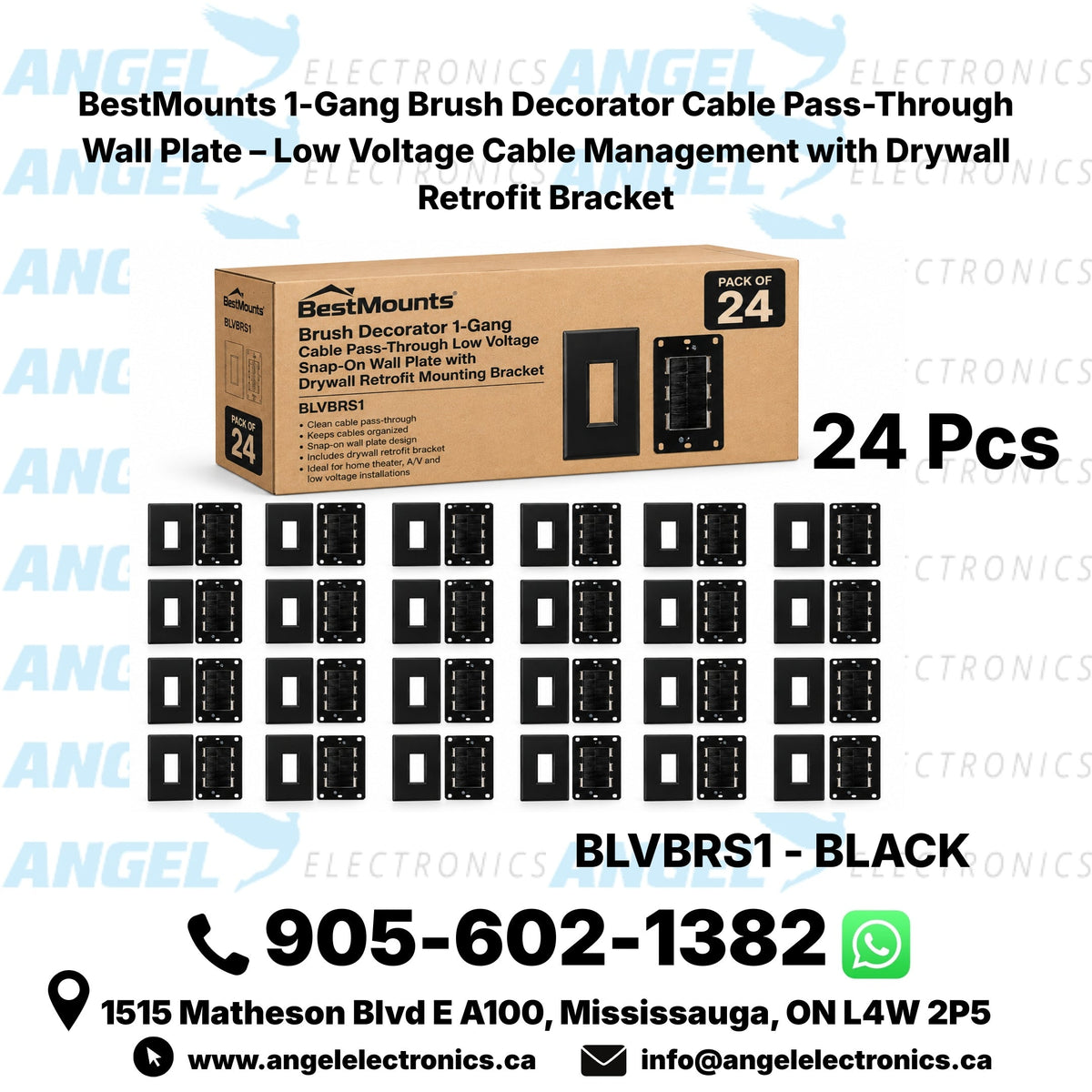 BestMounts Combo: Brush Decorator 1-Gang Cable Pass-Through Low Voltage Snap-On Wall Plate with Drywall Retrofit Mounting Bracket | BLVBRS1