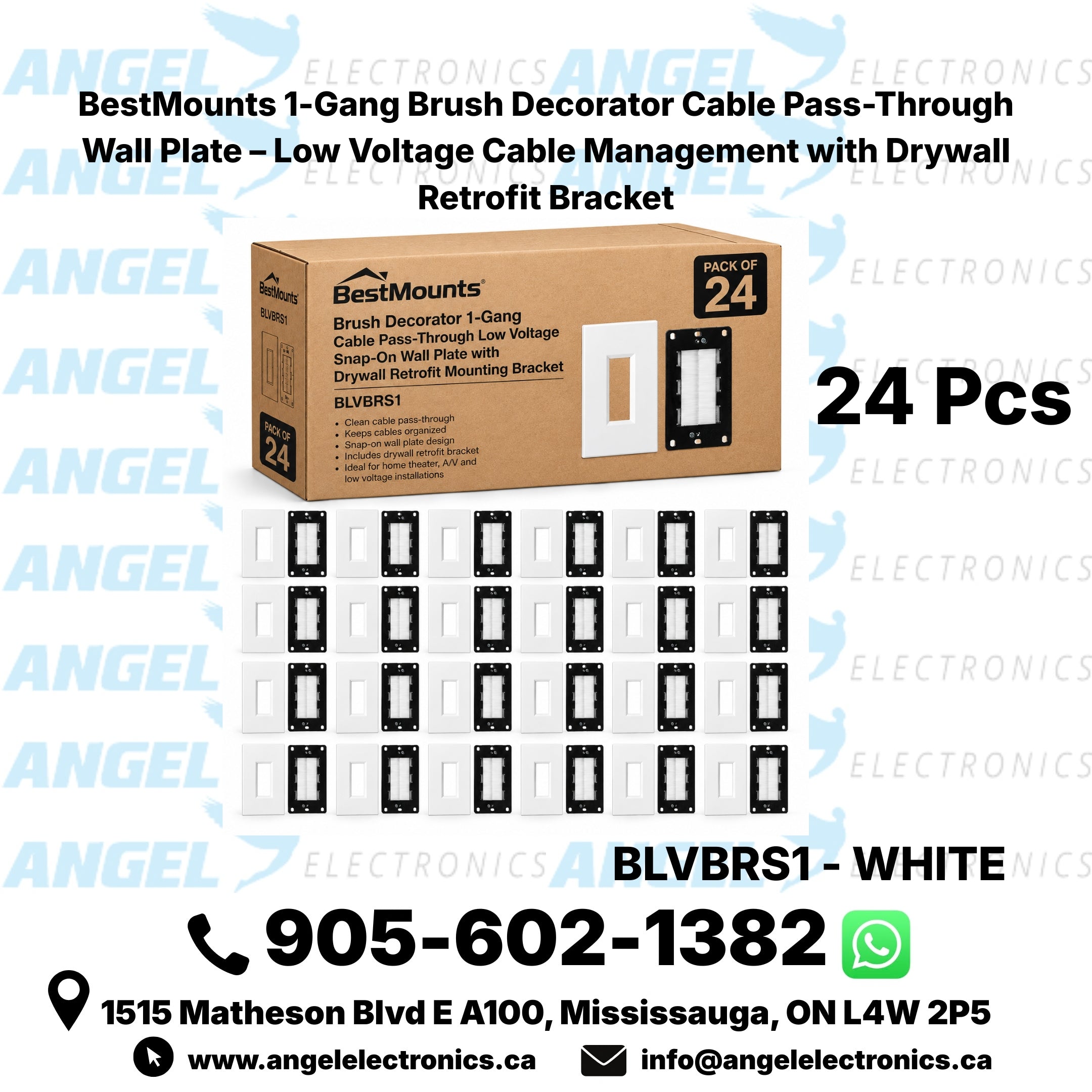 BestMounts Combo: Brush Decorator 1-Gang Cable Pass-Through Low Voltage Snap-On Wall Plate with Drywall Retrofit Mounting Bracket | BLVBRS1