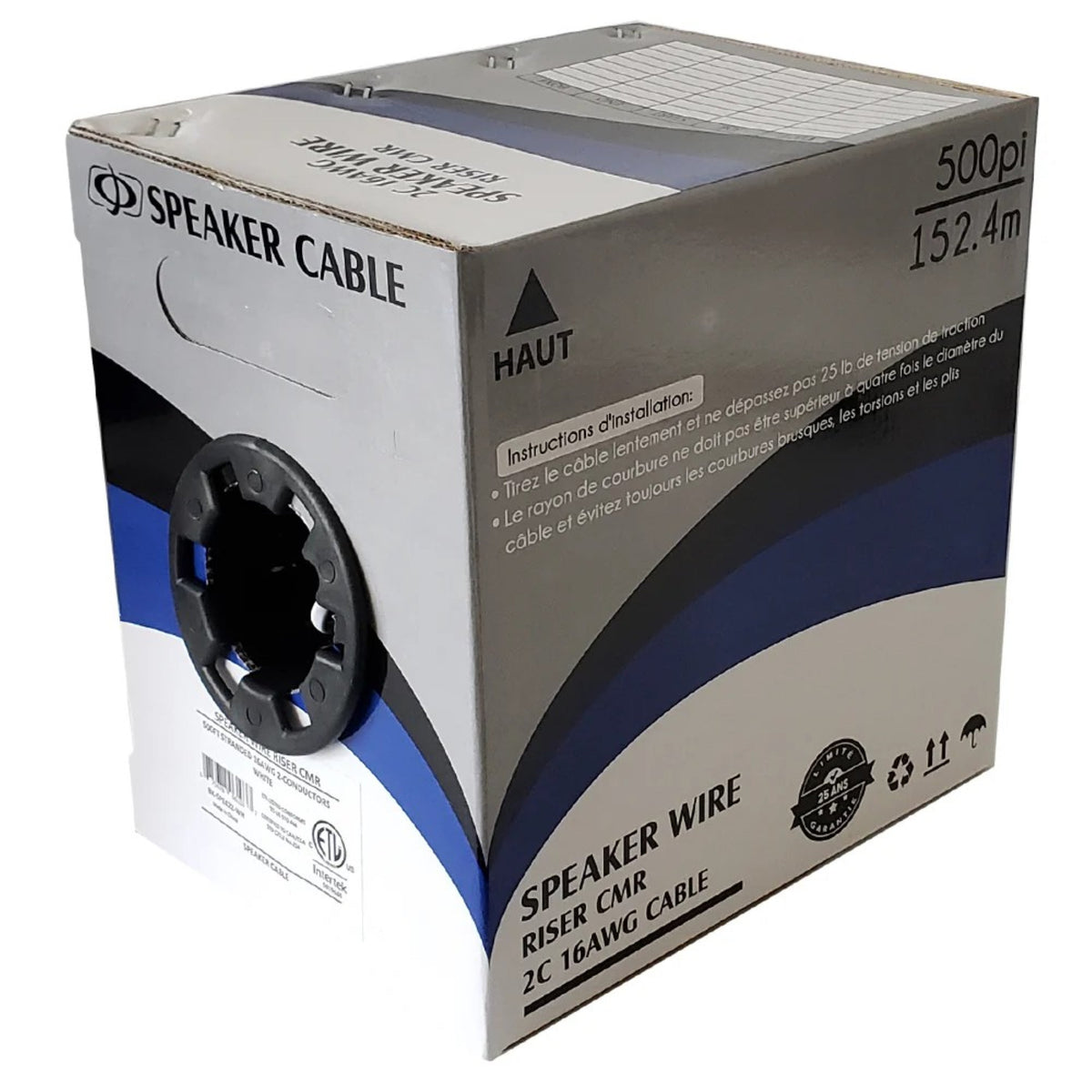 Câble d'enceinte encastrable 16 AWG 2 conducteurs, OFC, classé CMR Riser, blanc, 152 m
