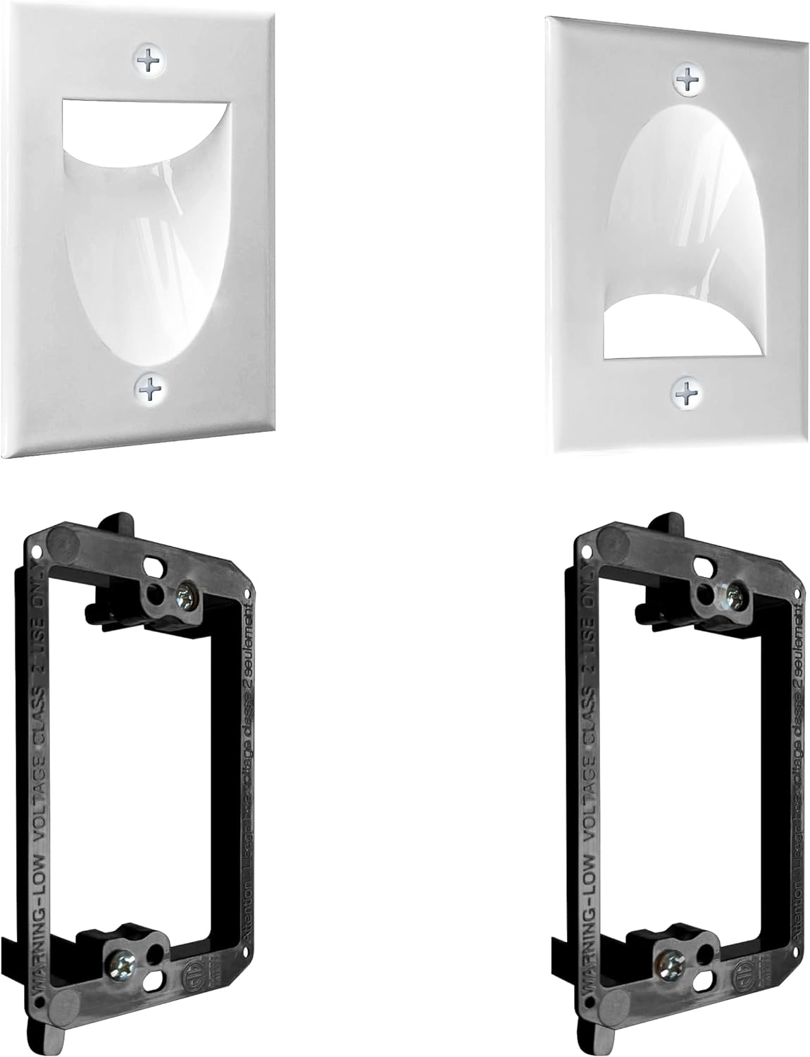 BestMounts - Kit de gestion de câbles muraux - Paire de plaques murales encastrées passe-câbles avec support de montage basse tension à une prise, Noir - Cache-câbles TV pour télévision murale, Certifié ETL (Lot de 2, Blanc)