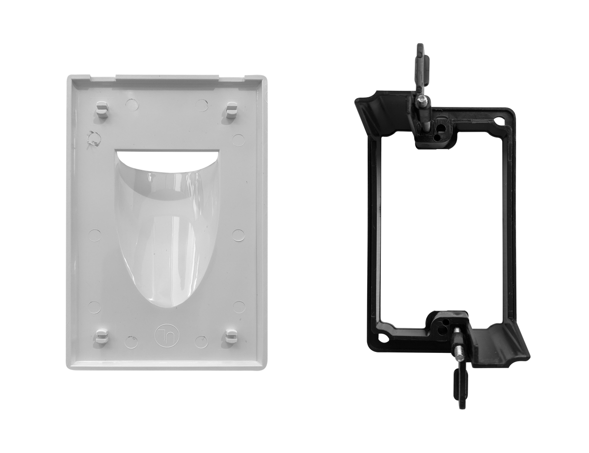 BestMounts Combo: Scoop (Outward) 1-Gang Cable Pass-Through Low Voltage Snap-On Wall Plate with Drywall Retrofit Mounting Bracket | BLVONS1