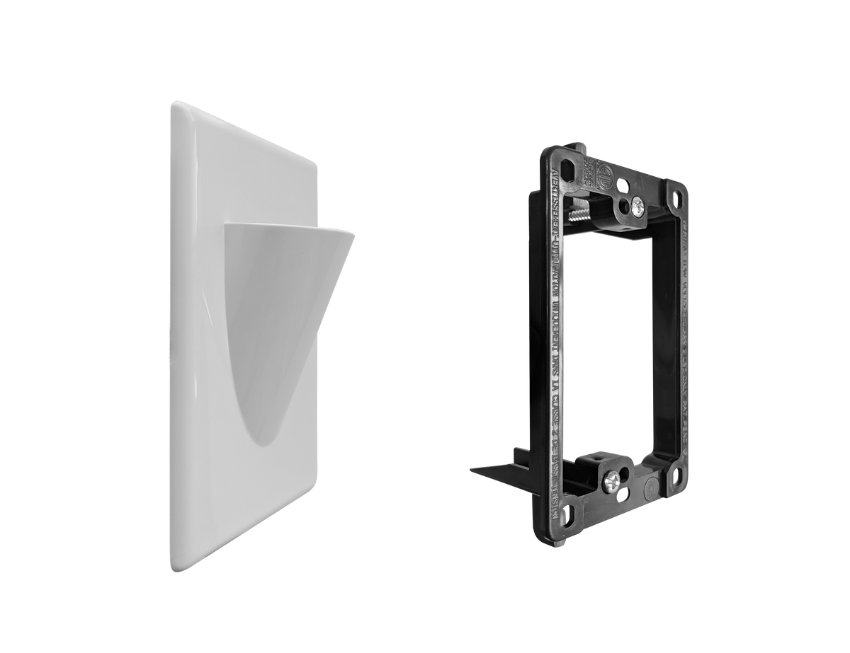 BestMounts Combo: Scoop (Outward) 1-Gang Cable Pass-Through Low Voltage Snap-On Wall Plate with Drywall Retrofit Mounting Bracket | BLVONS1