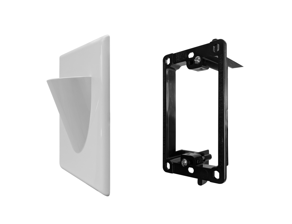 BestMounts Combo: Scoop (Outward) 1-Gang Cable Pass-Through Low Voltage Snap-On Wall Plate with Drywall Retrofit Mounting Bracket | BLVONS1