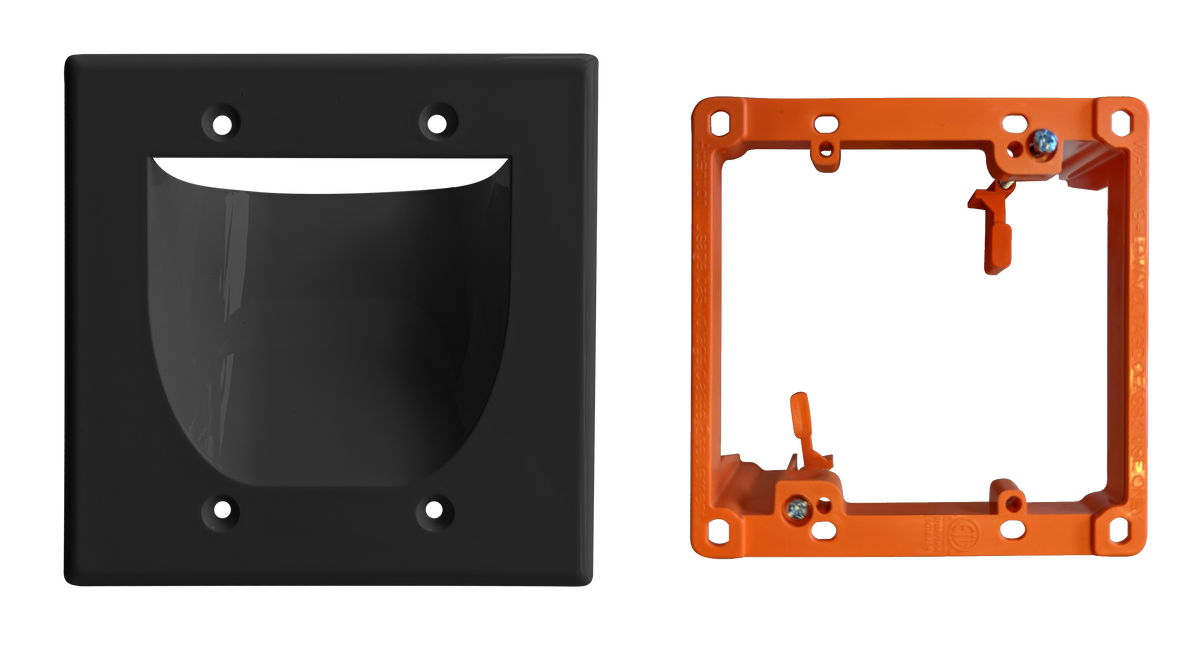 BestMounts Combo: Recessed (Inward) 2-Gang Cable Pass-Through Low Voltage Wall Plate with Drywall Retrofit Mounting Bracket | BWPW2+BLVP2