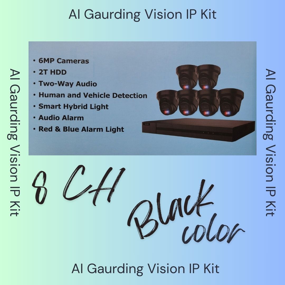 Système de sécurité AI Guarding Vision 6MP : Kits NVR 4/8/16 canaux avec caméras tourelles à dissuasion active, lumières clignotantes rouges/bleues, audio bidirectionnel et disque dur de 2 To/4 To – Disponible en noir ou blanc