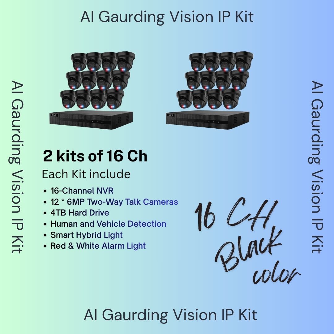 Système de sécurité AI Guarding Vision 6MP : Kits NVR 4/8/16 canaux avec caméras tourelles à dissuasion active, lumières clignotantes rouges/bleues, audio bidirectionnel et disque dur de 2 To/4 To – Disponible en noir ou blanc