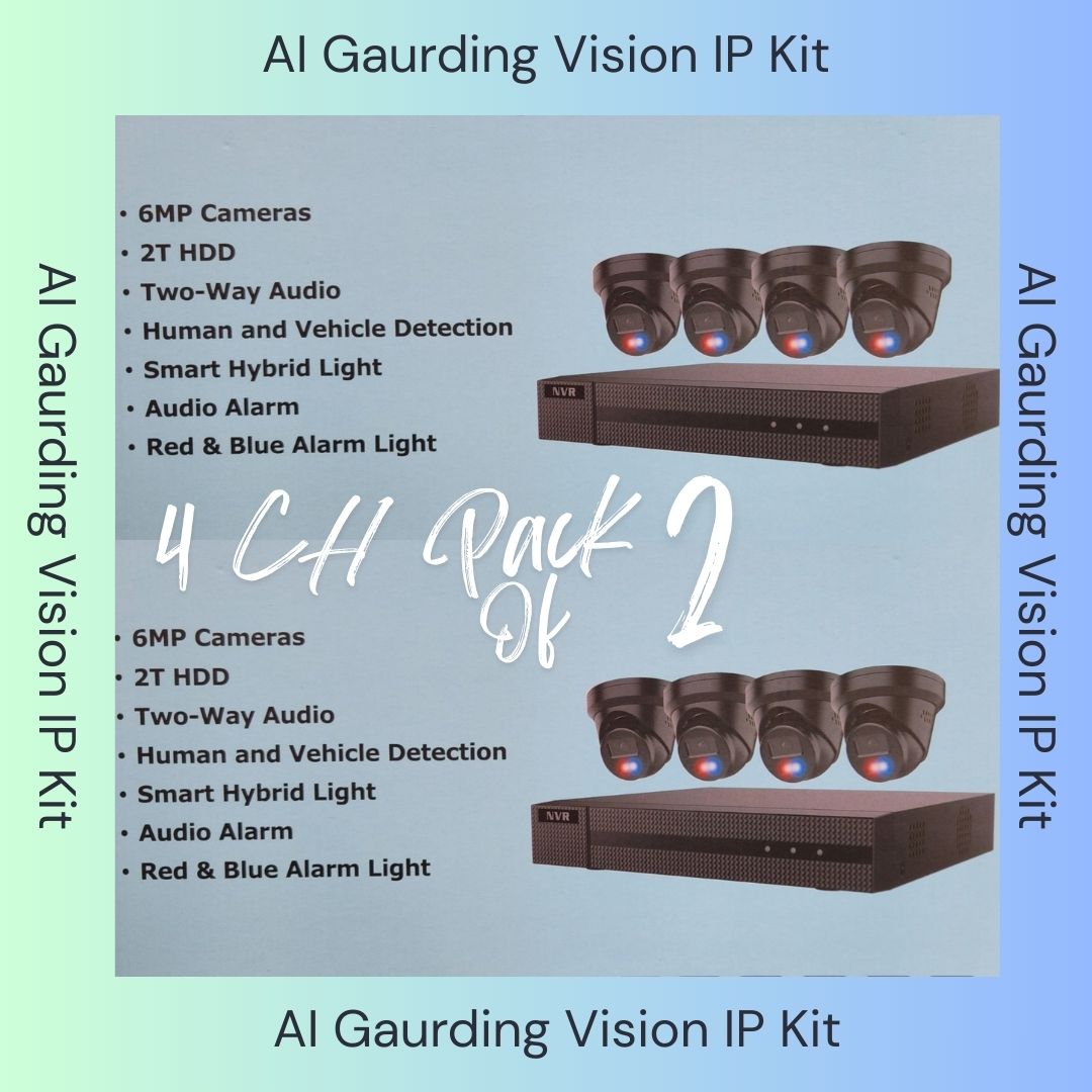 Système de sécurité AI Guarding Vision 6MP : Kits NVR 4/8/16 canaux avec caméras tourelles à dissuasion active, lumières clignotantes rouges/bleues, audio bidirectionnel et disque dur de 2 To/4 To – Disponible en noir ou blanc