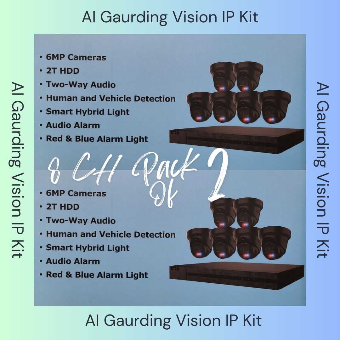 Système de sécurité AI Guarding Vision 6MP : Kits NVR 4/8/16 canaux avec caméras tourelles à dissuasion active, lumières clignotantes rouges/bleues, audio bidirectionnel et disque dur de 2 To/4 To – Disponible en noir ou blanc