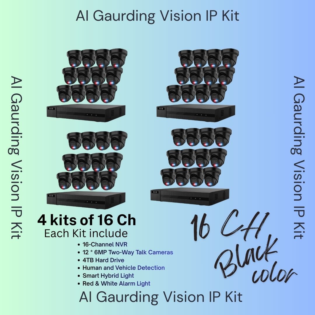 Système de sécurité AI Guarding Vision 6MP : Kits NVR 4/8/16 canaux avec caméras tourelles à dissuasion active, lumières clignotantes rouges/bleues, audio bidirectionnel et disque dur de 2 To/4 To – Disponible en noir ou blanc