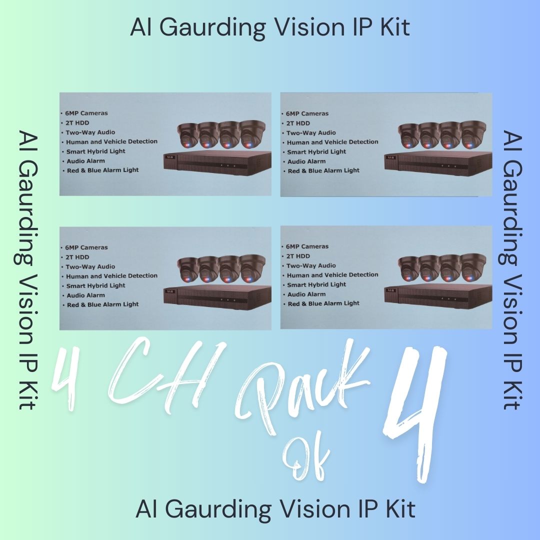 Système de sécurité AI Guarding Vision 6MP : Kits NVR 4/8/16 canaux avec caméras tourelles à dissuasion active, lumières clignotantes rouges/bleues, audio bidirectionnel et disque dur de 2 To/4 To – Disponible en noir ou blanc