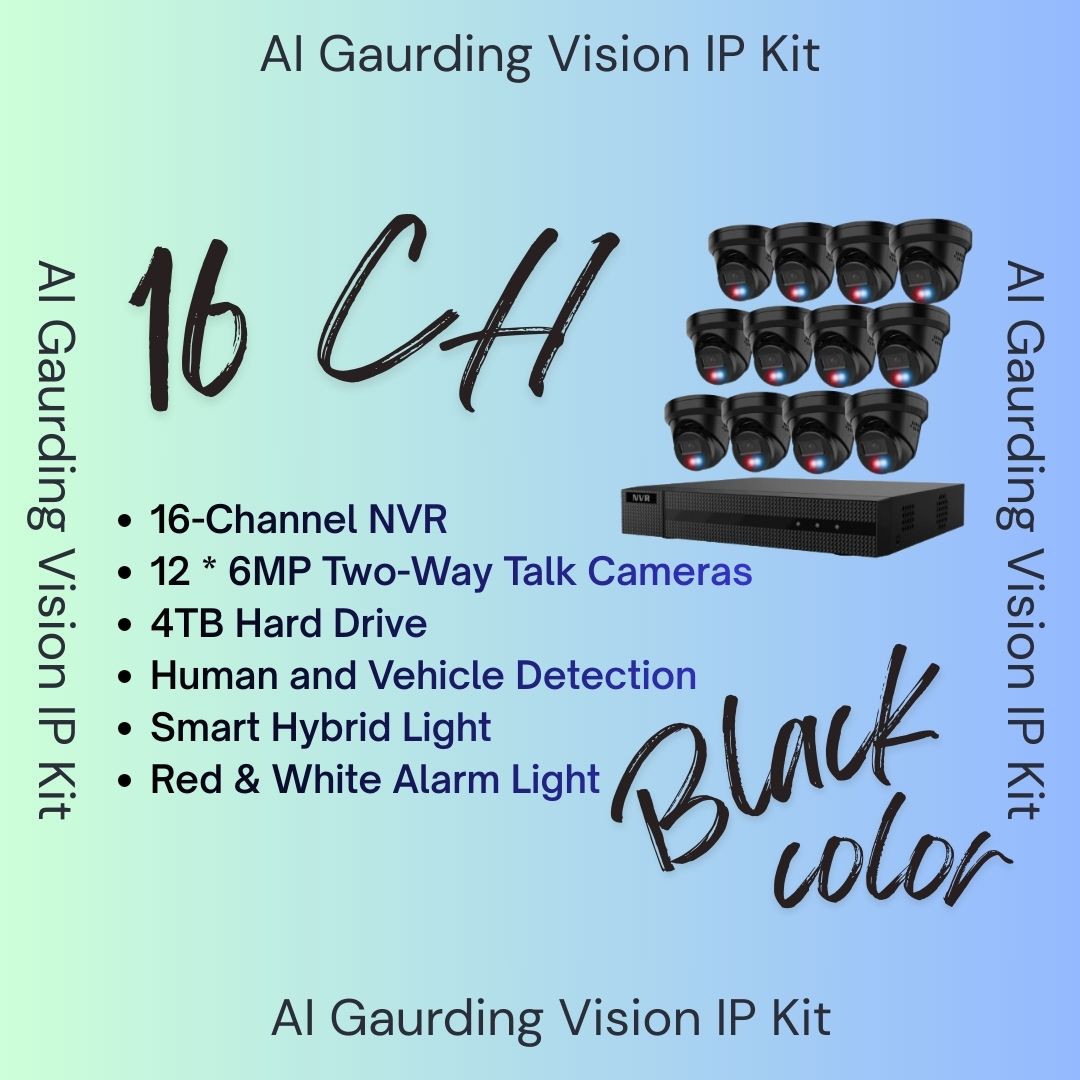 Système de sécurité AI Guarding Vision 6MP : Kits NVR 4/8/16 canaux avec caméras tourelles à dissuasion active, lumières clignotantes rouges/bleues, audio bidirectionnel et disque dur de 2 To/4 To – Disponible en noir ou blanc