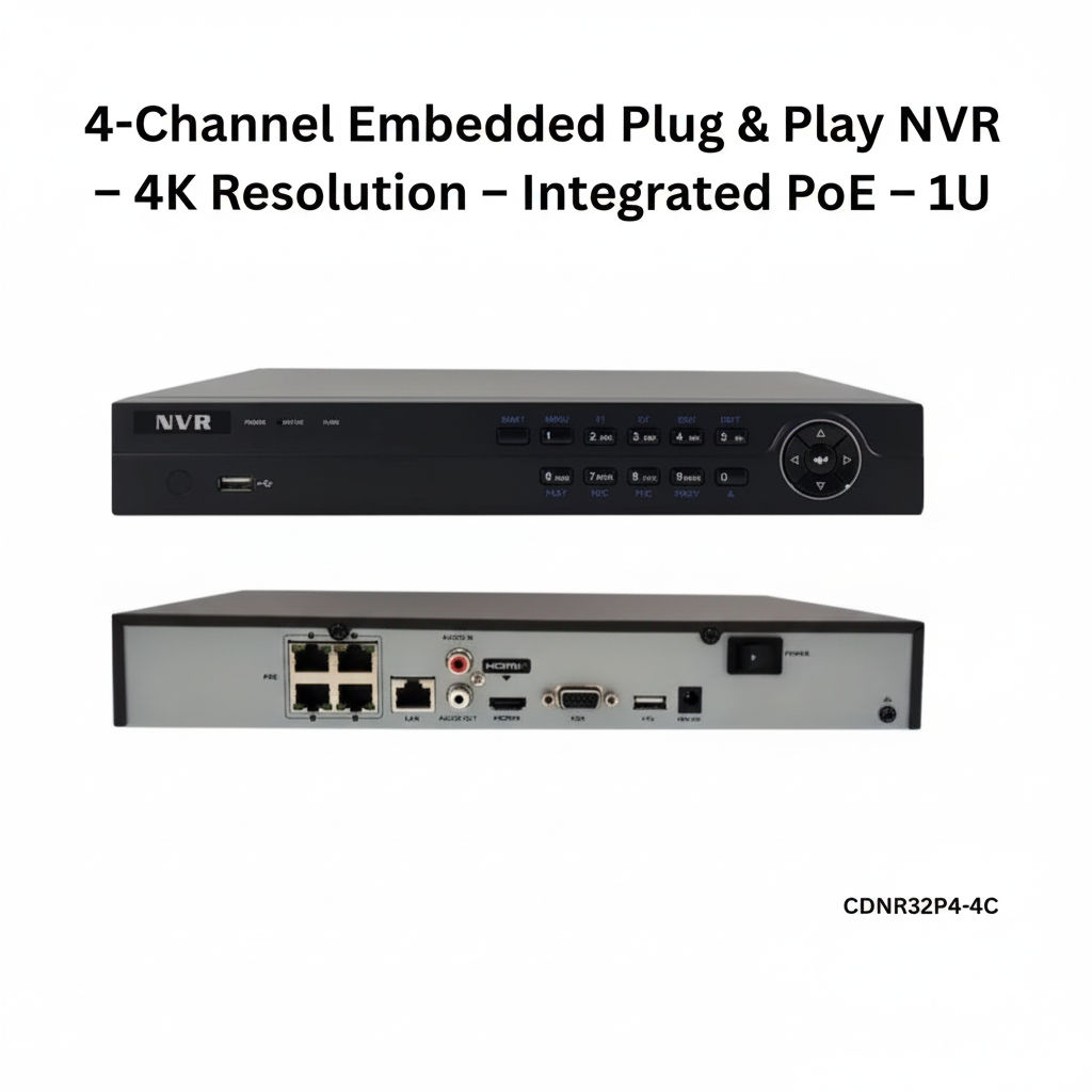 NVR 4 canaux 4K Plug & Play – Caméras IP 8MP, PoE intégré, H.265, 1U