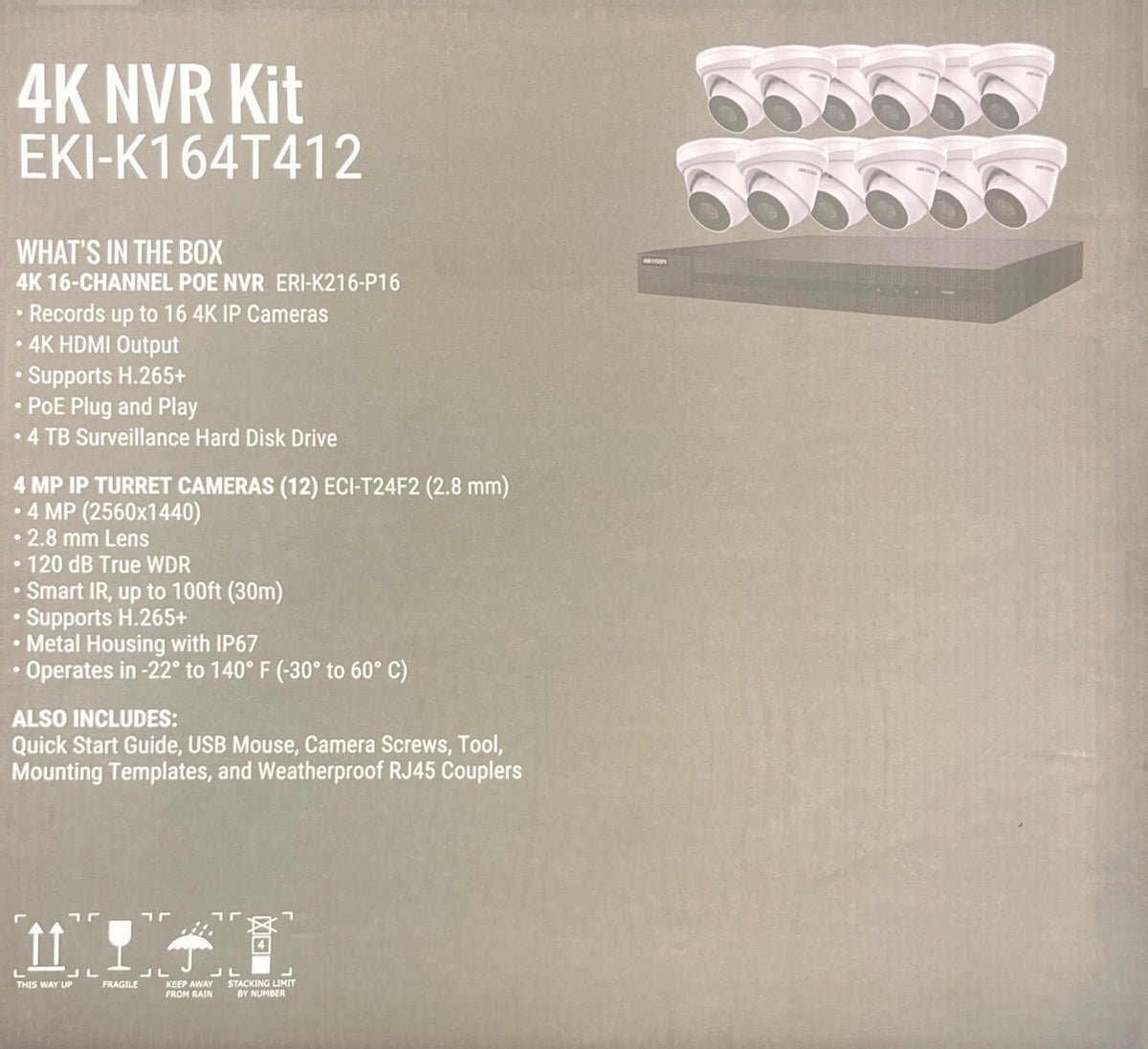 Hikvision IP Security Camera Kit 16 Channel 4K NVR with 12 x 4MP Turret Cameras EKI-K164T412
