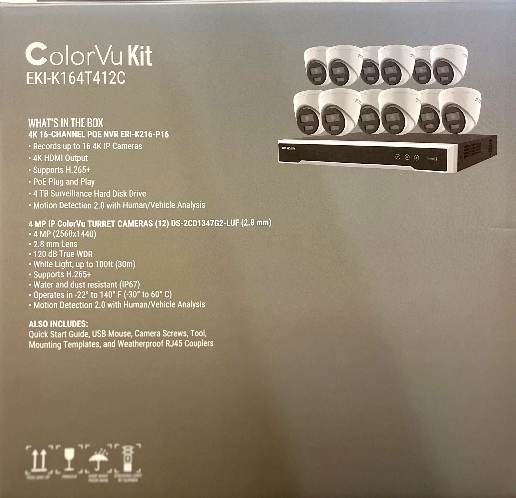 Kit NVR 16 voies 8MP Hikvision EKI-K164T412C avec disque dur 4 To et 12 caméras tourelles de vision nocturne ColorVu 4MP