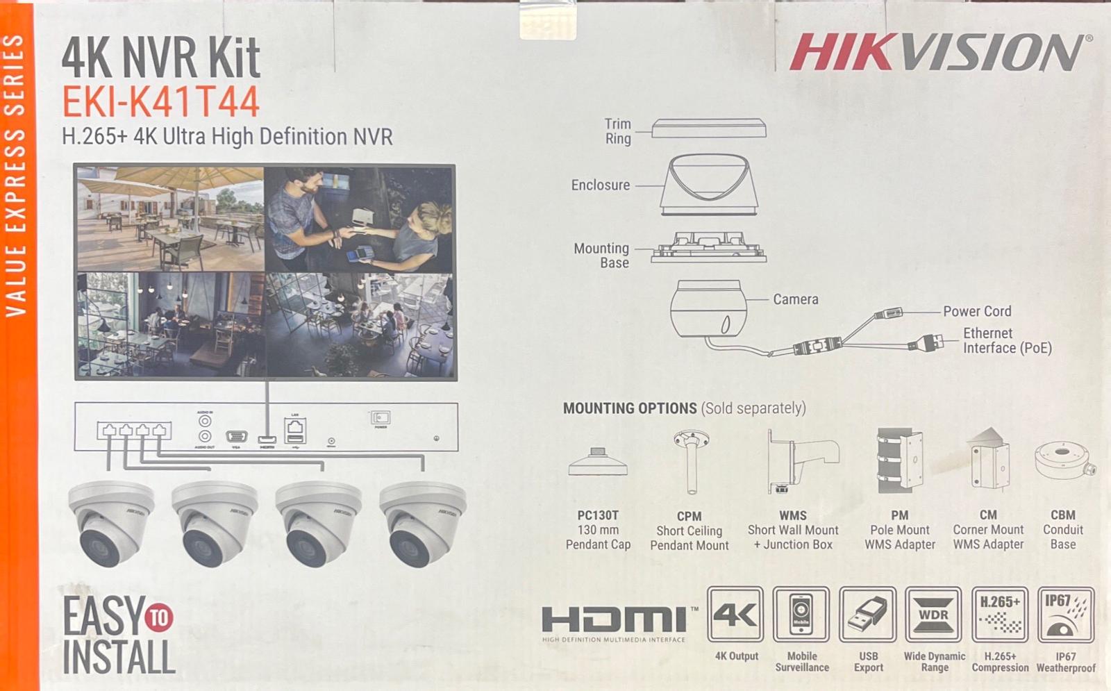 Kit caméra de sécurité IP Hikvision, NVR 4 canaux 4K avec 4 caméras tourelles 4MP (EKI-K41T44)