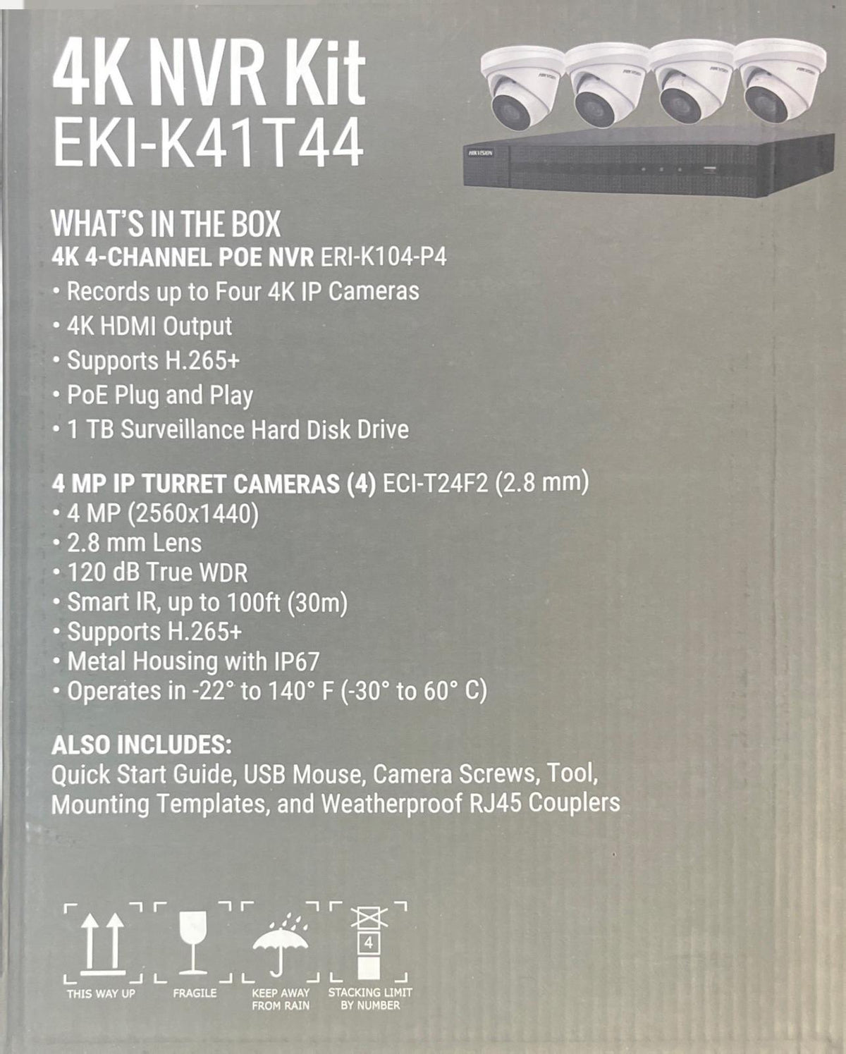 Hikvision IP Security Camera Kit 4 Channel 4K NVR with 4 x 4MP Turret Cameras EKI-K41T44