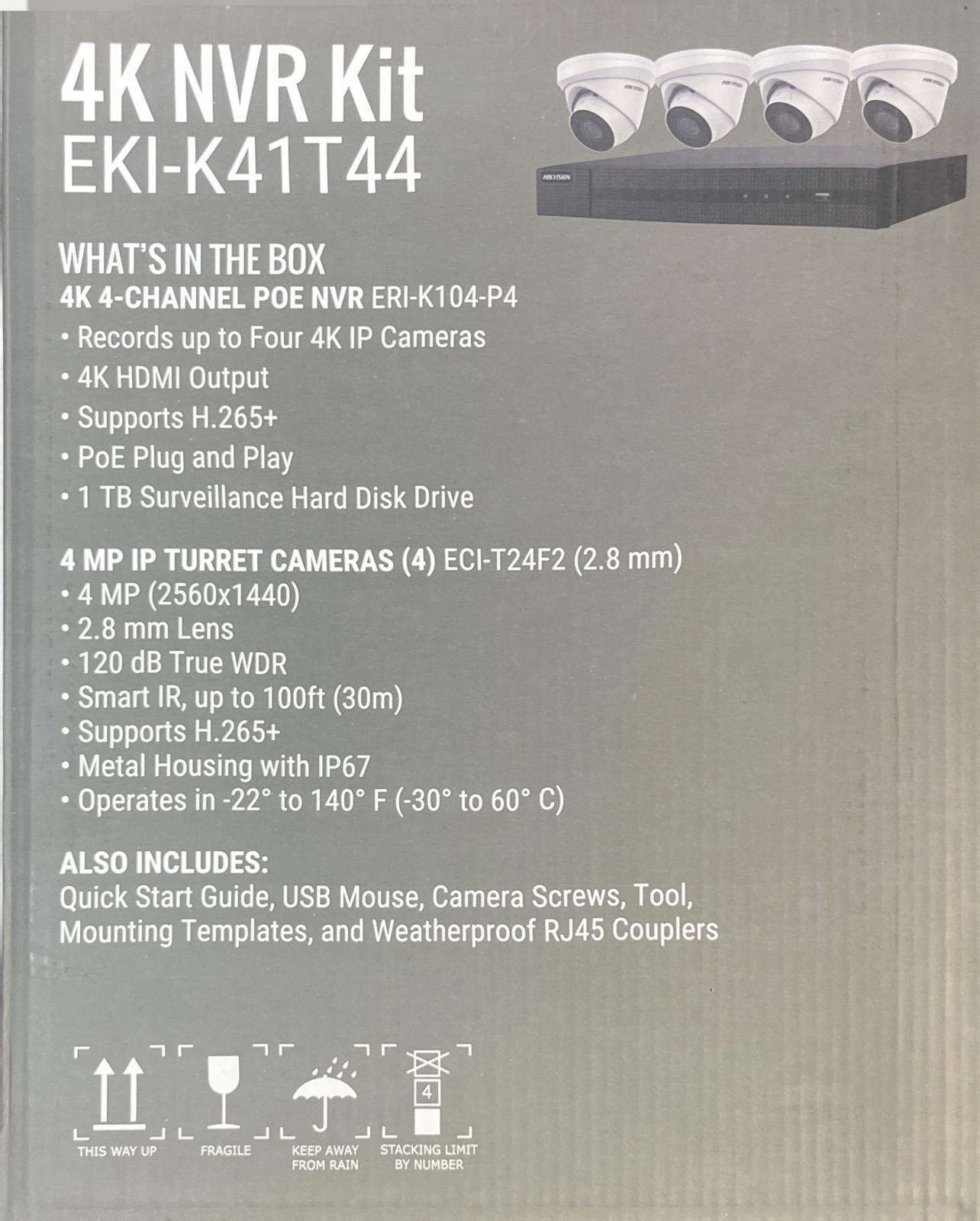 Hikvision IP Security Camera Kit 4 Channel 4K NVR with 4 x 4MP Turret Cameras EKI-K41T44