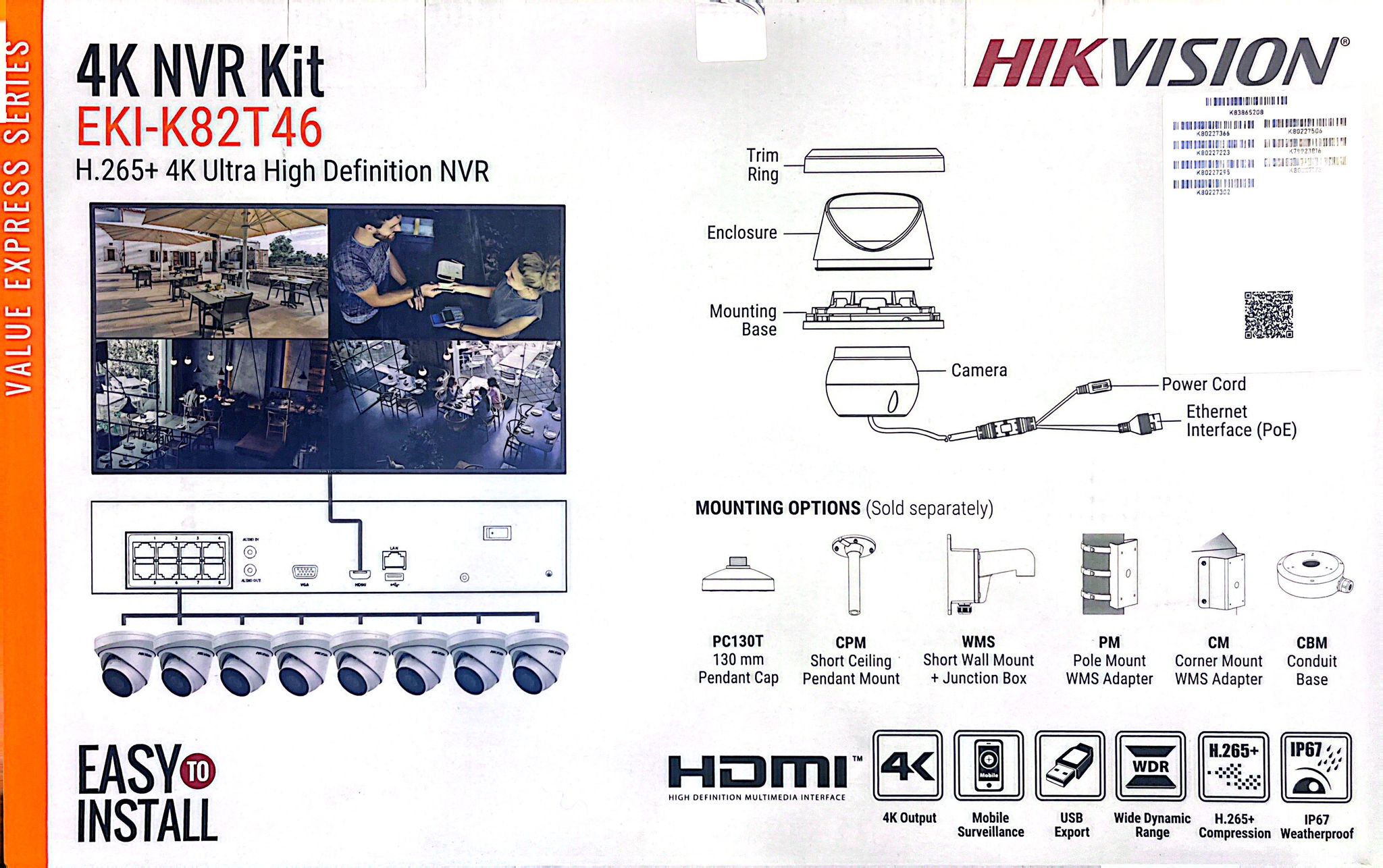 Kit caméra de sécurité IP Hikvision, NVR 8 canaux 4K avec 6 caméras tourelles 4 MP EKI-K82T46