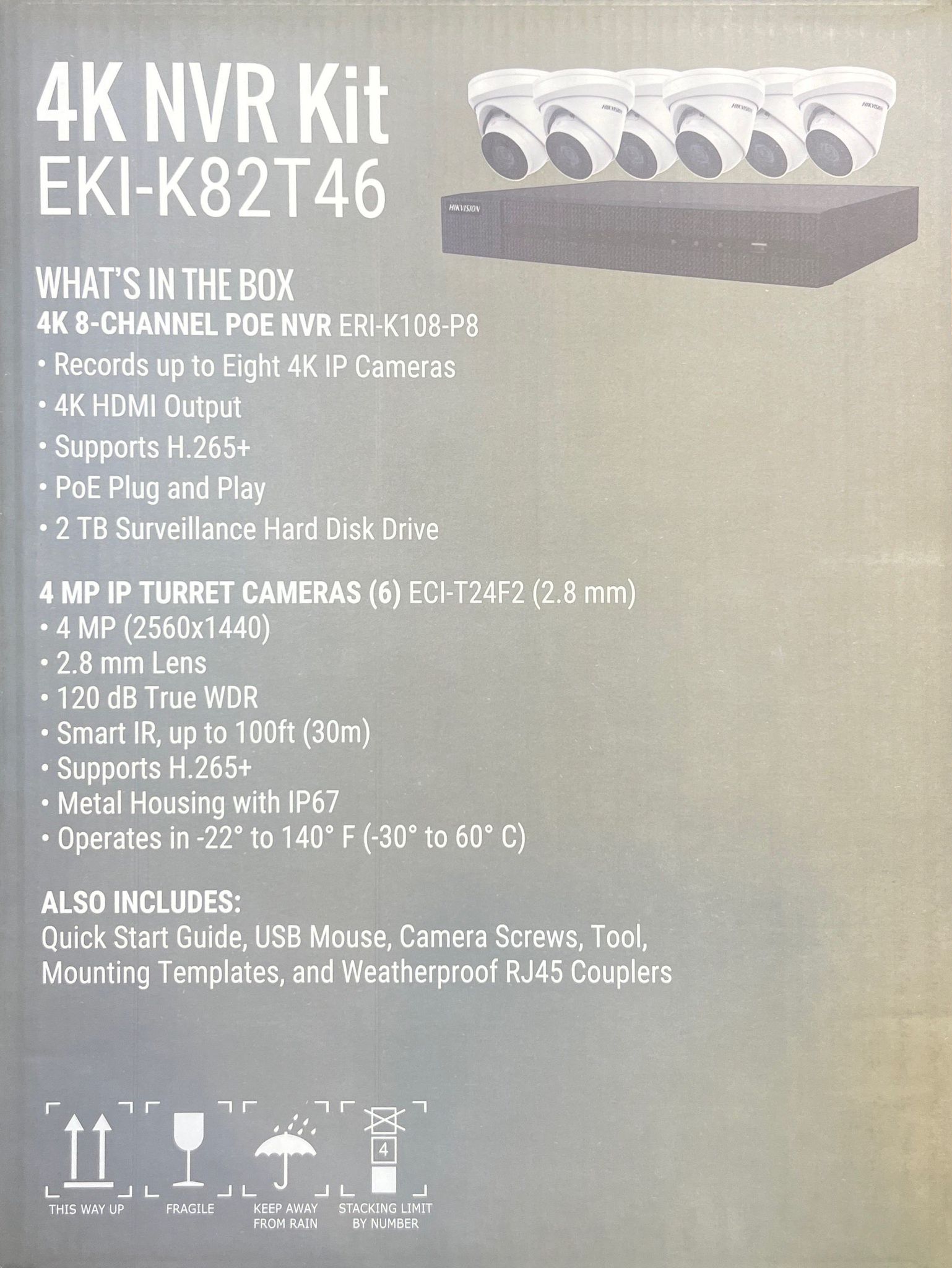 Kit caméra de sécurité IP Hikvision, NVR 8 canaux 4K avec 6 caméras tourelles 4 MP EKI-K82T46