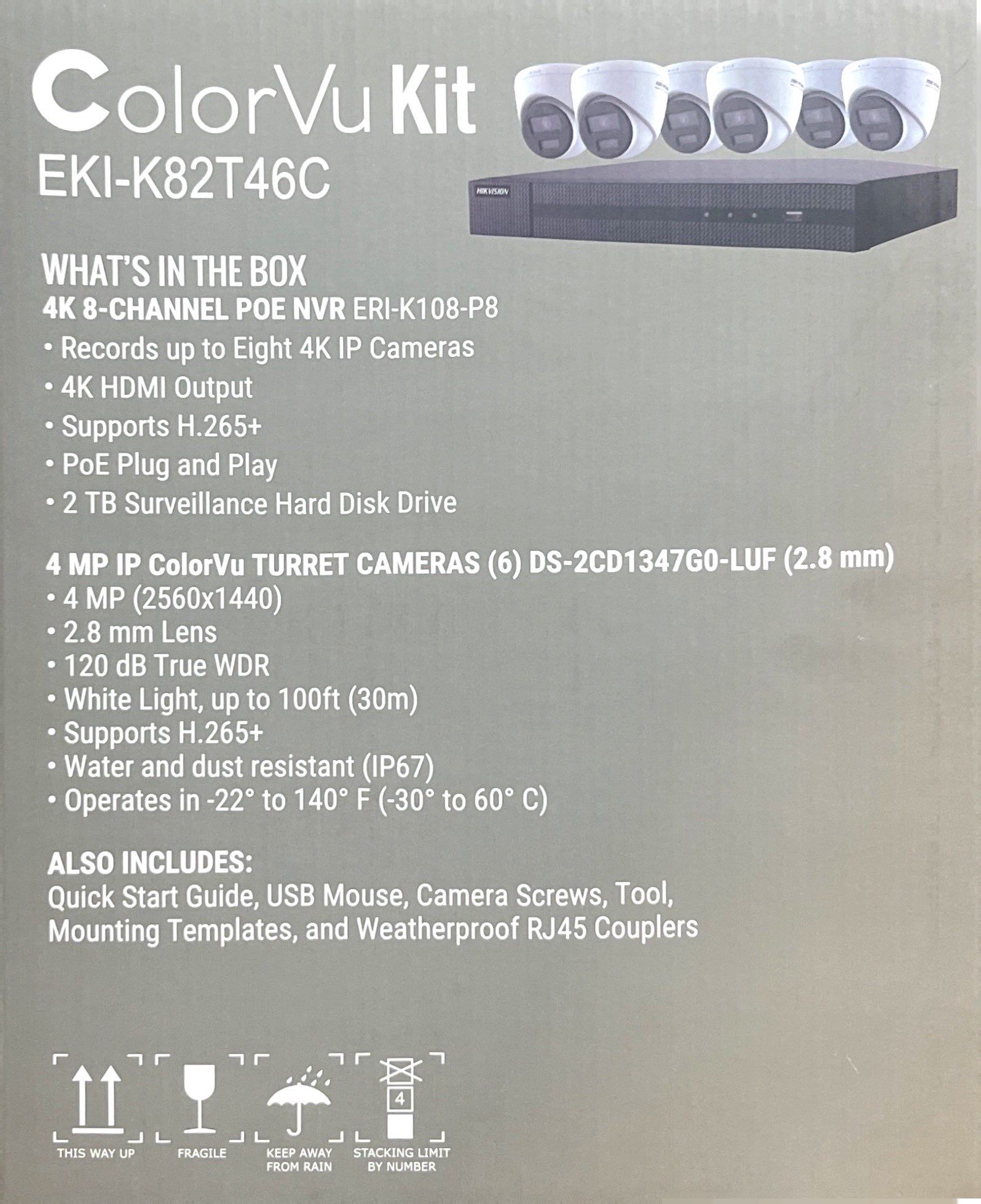 Kit caméra de sécurité IP Hikvision Enregistreur NVR 8 canaux 4K avec 6 caméras tourelles ColorVu 4MP EKI-K82T46C