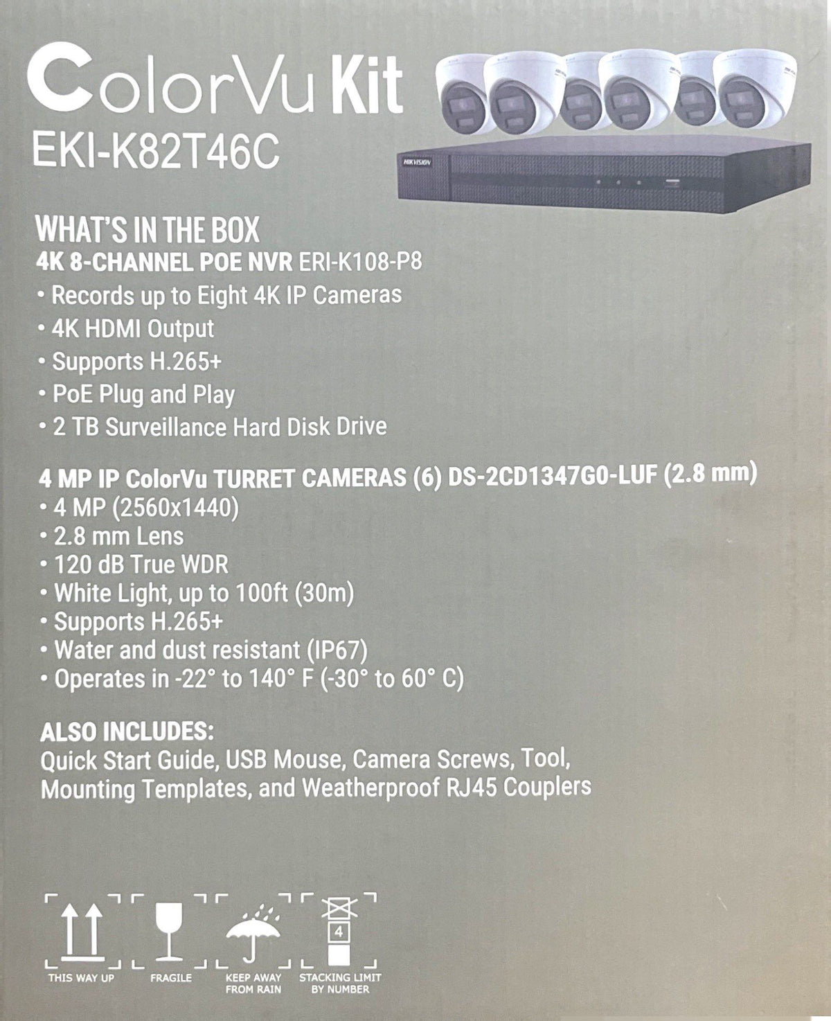 Kit caméra de sécurité IP Hikvision Enregistreur NVR 8 canaux 4K avec 6 caméras tourelles ColorVu 4MP EKI-K82T46C