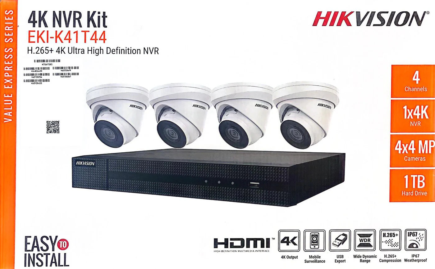 Hikvision 4MP IP Security Camera System Kit – 4, 8 & 16 Channel 4K NVR with 2TB/4TB HDD – Outdoor IR Night Vision Turret Cameras (2.8mm Wide Lens) – White & Black Options