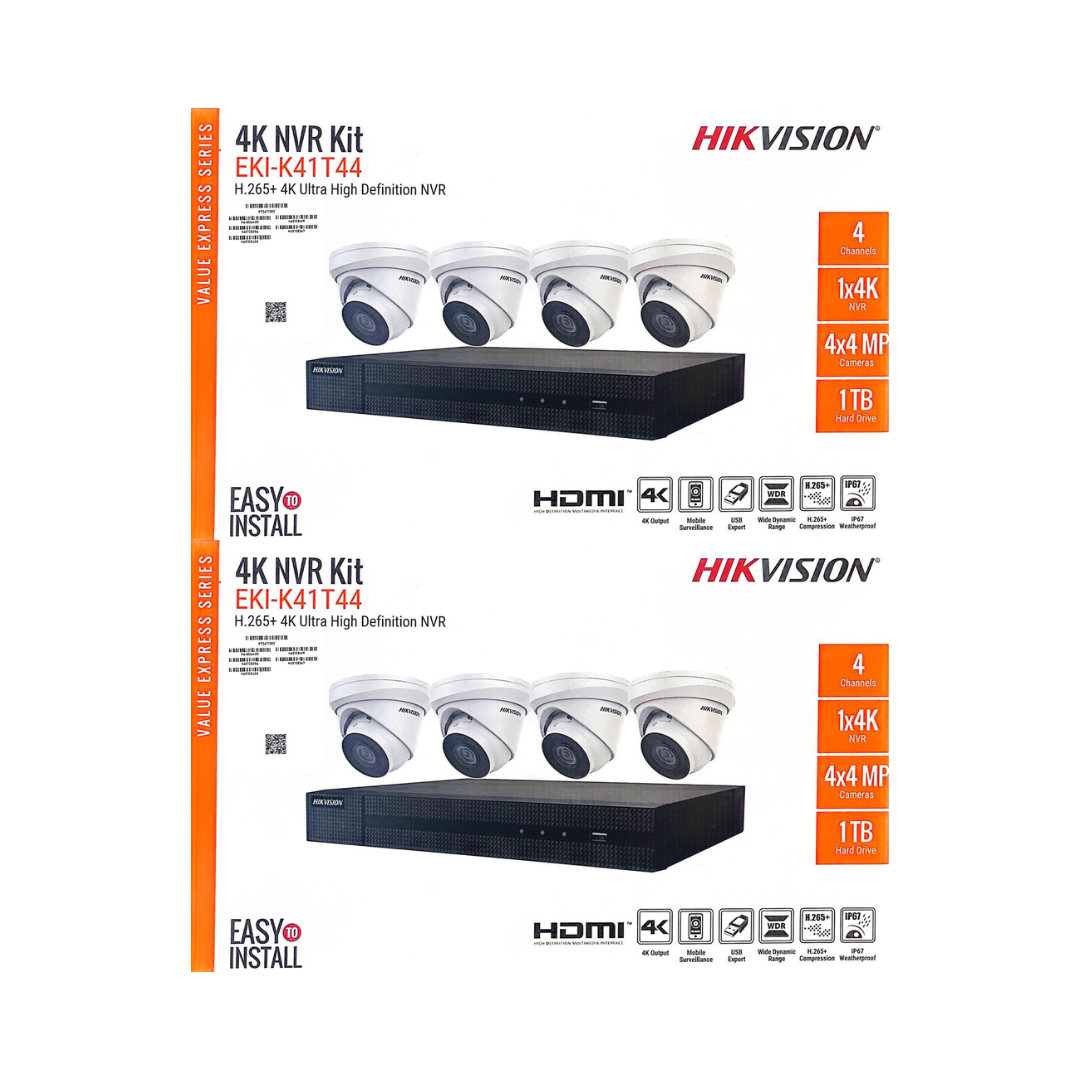 Hikvision 4MP IP Security Camera System Kit – 4, 8 & 16 Channel 4K NVR with 2TB/4TB HDD – Outdoor IR Night Vision Turret Cameras (2.8mm Wide Lens) – White & Black Options