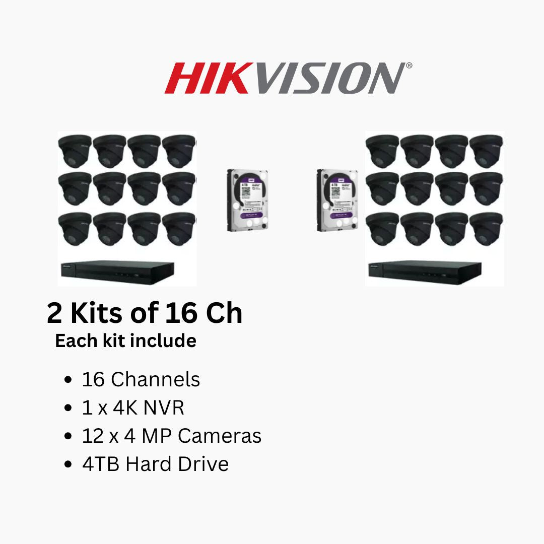 Hikvision 4MP IP Security Camera System Kit – 4, 8 & 16 Channel 4K NVR with 2TB/4TB HDD – Outdoor IR Night Vision Turret Cameras (2.8mm Wide Lens) – White & Black Options