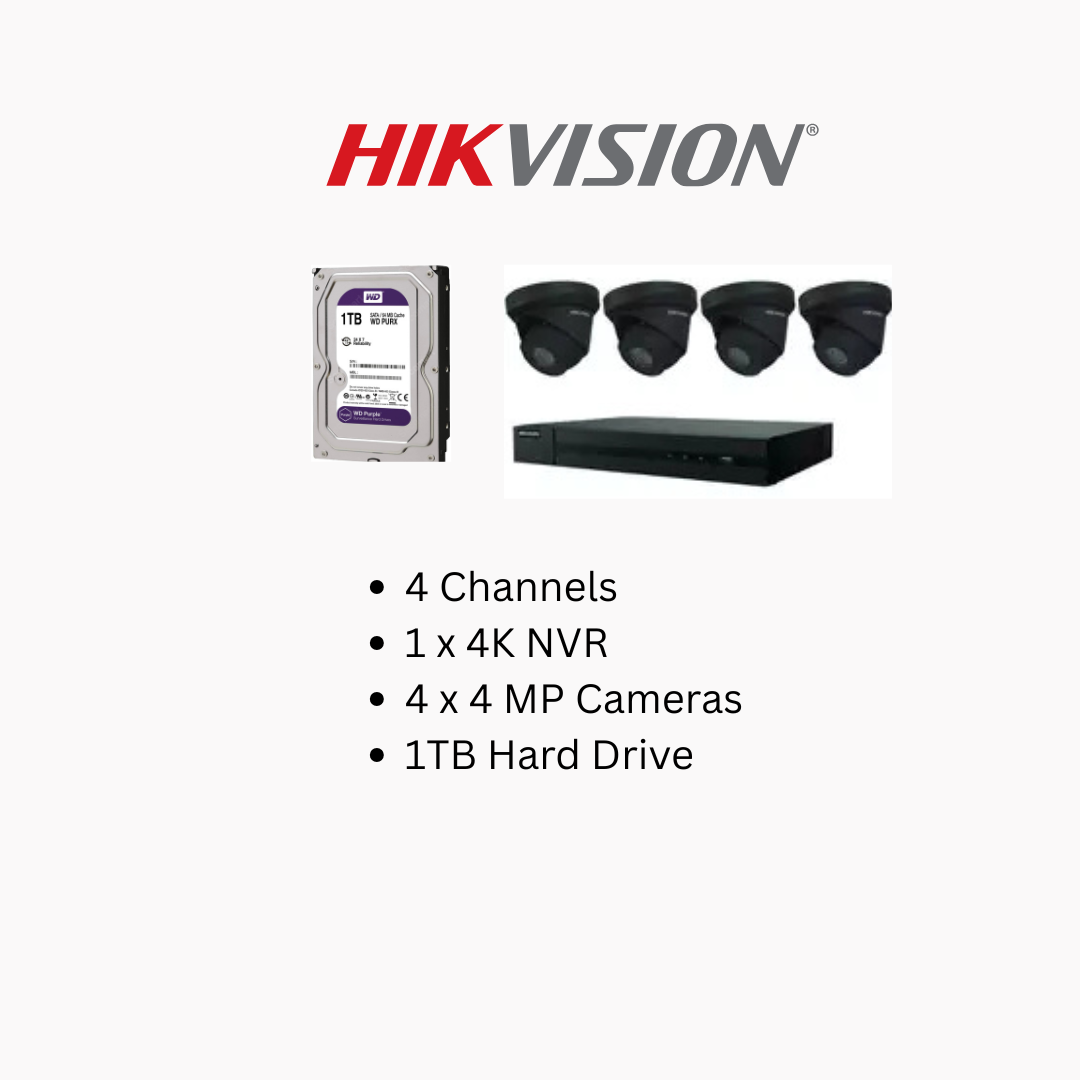 Hikvision 4MP IP Security Camera System Kit – 4, 8 & 16 Channel 4K NVR with 2TB/4TB HDD – Outdoor IR Night Vision Turret Cameras (2.8mm Wide Lens) – White & Black Options