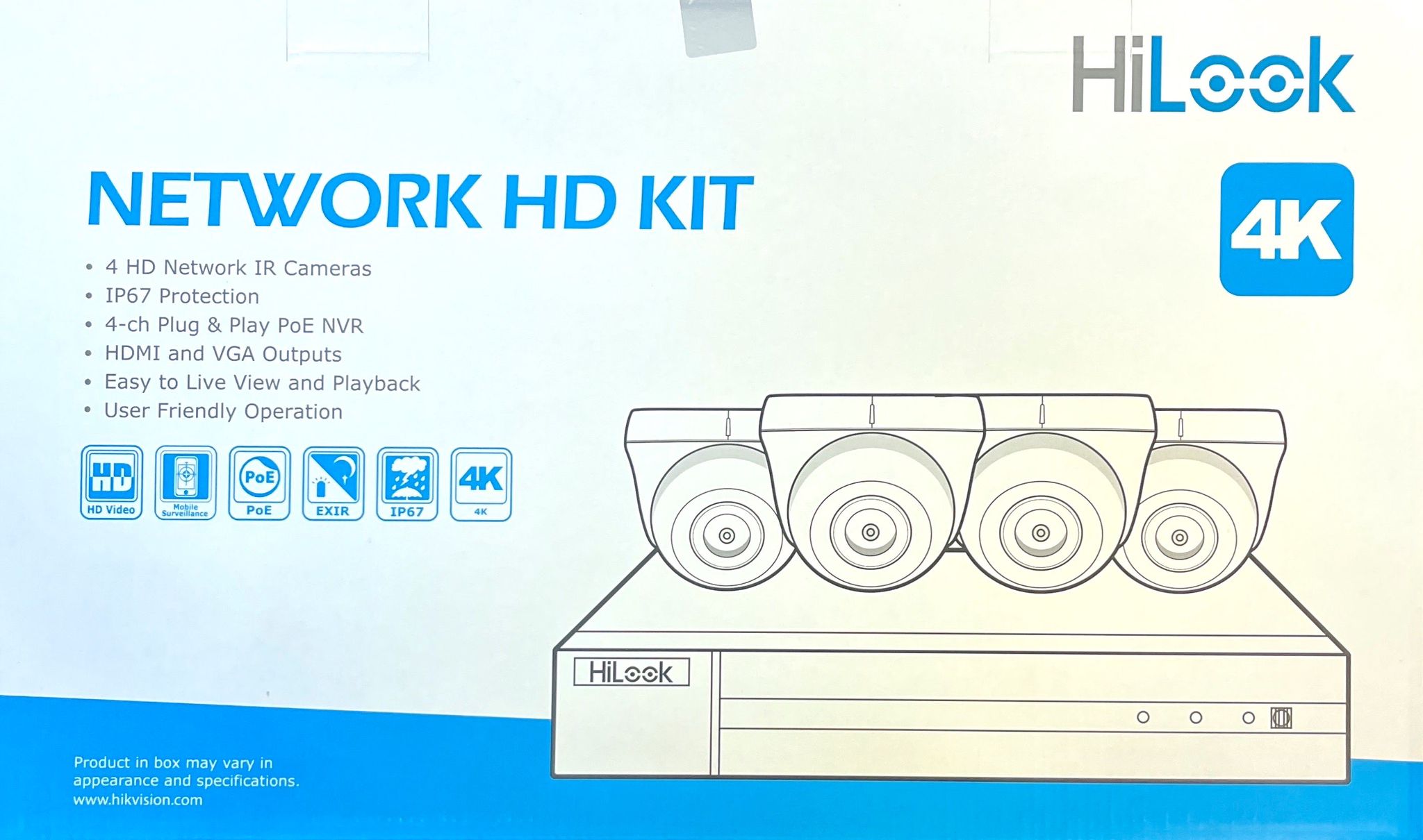 Kit NVR HiLook IK-4248TH-MH/P 4 canaux 4K PoE | NVR avec disque dur 2 To préinstallé, IP67, Client de bureau/Application mobile HiLook