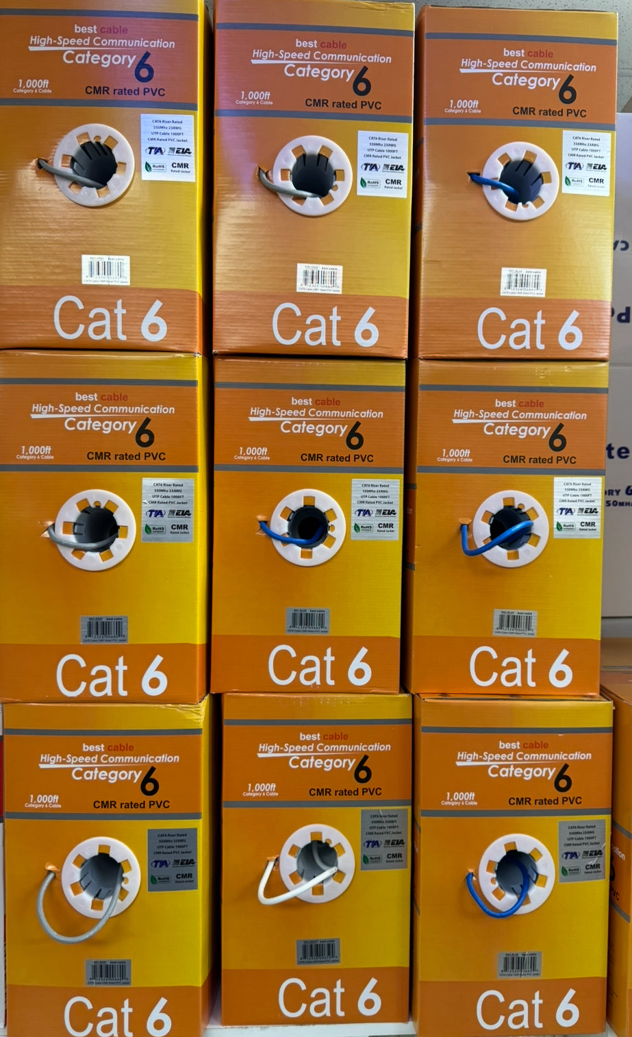 CAT6-1000: CMR SOLID 23AWG x 4C UTP CABLE 1000FT, 4 Colors