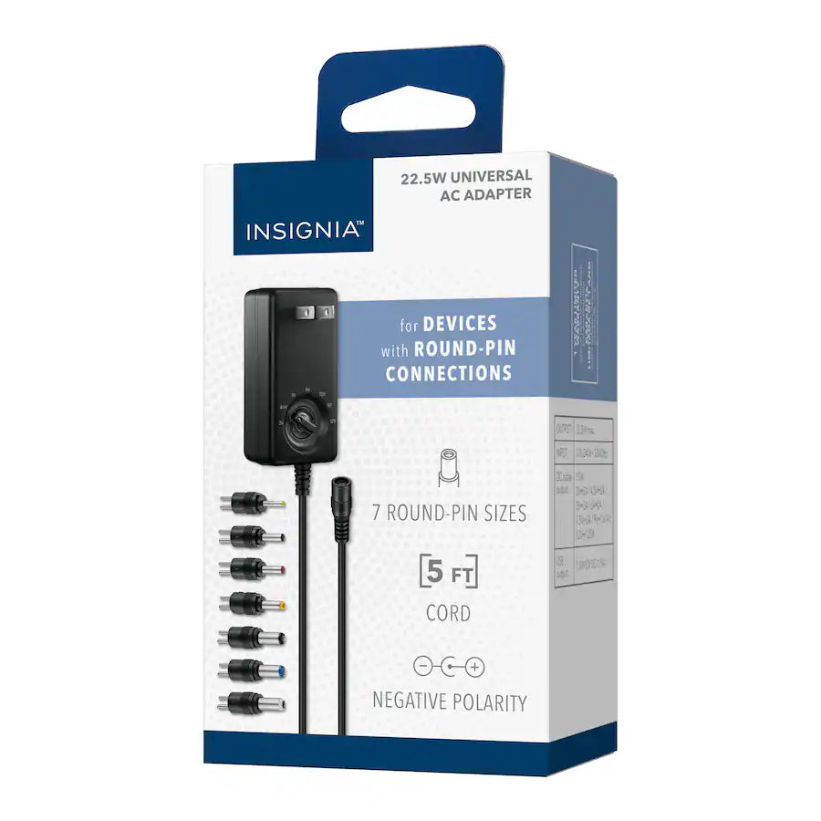 Open Box Insignia 22.5W Universal AC Adapter – Multi-Voltage Charger with 7 Tips & USB Port (NS-UNI22WAC-C)