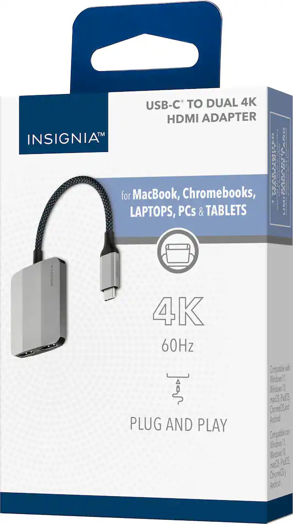 Open Box Insignia USB-C to Dual HDMI Adapter – 4K Ultra HD 60Hz Multi-Monitor Display (Silver)