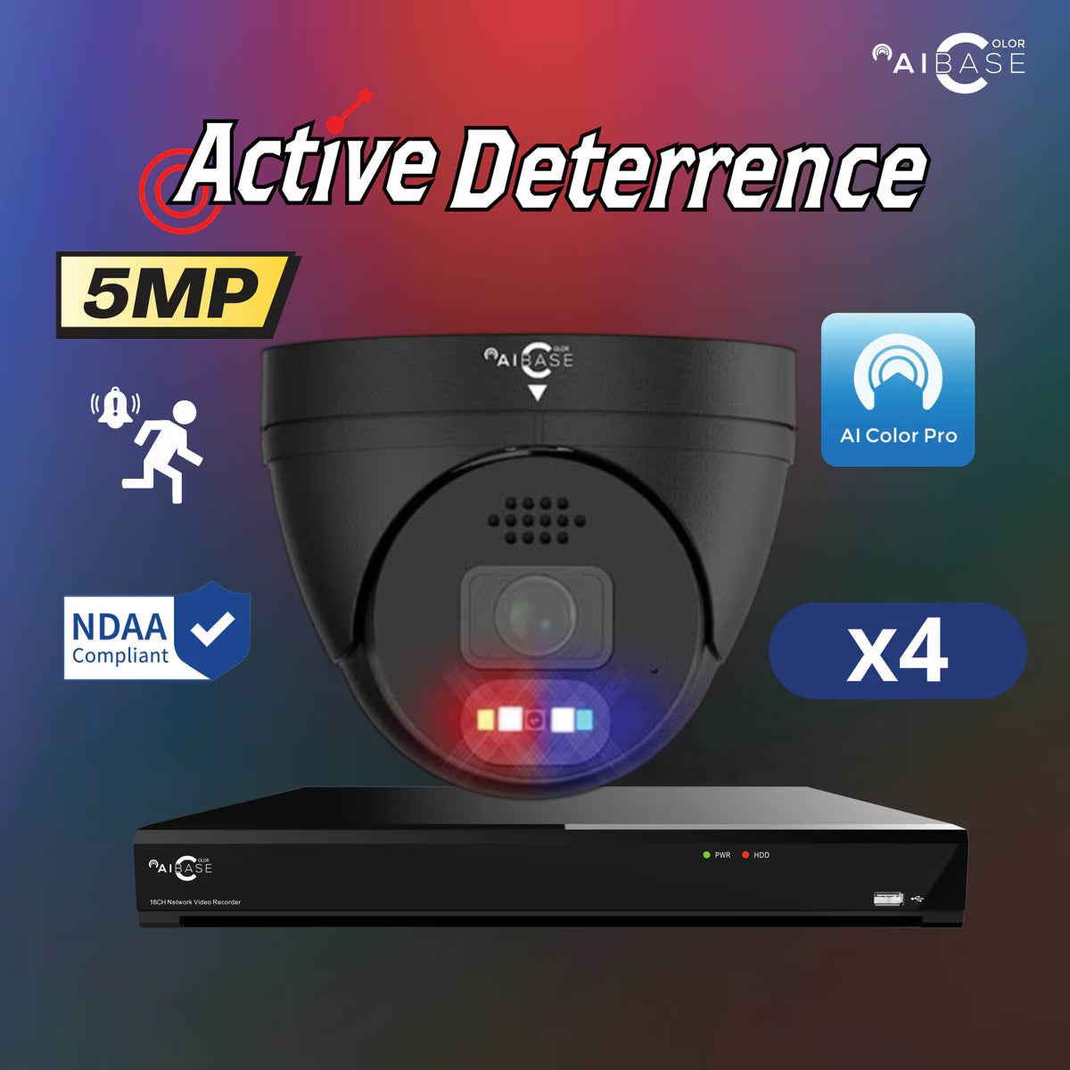 Aibase color 4ch 5MP kit, black (KIT-NV3104+4X3155B) (no HDD pre-installed)