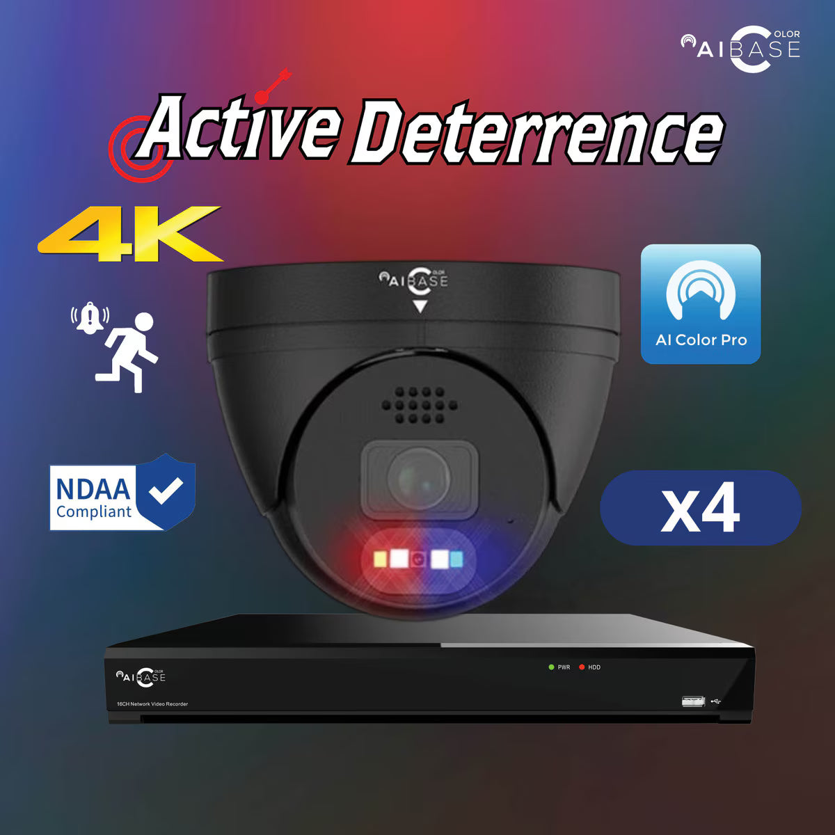 Aibase color 4ch 8MP kit, black (KIT-NV3104+4X3158B) (no HDD pre-installed)
