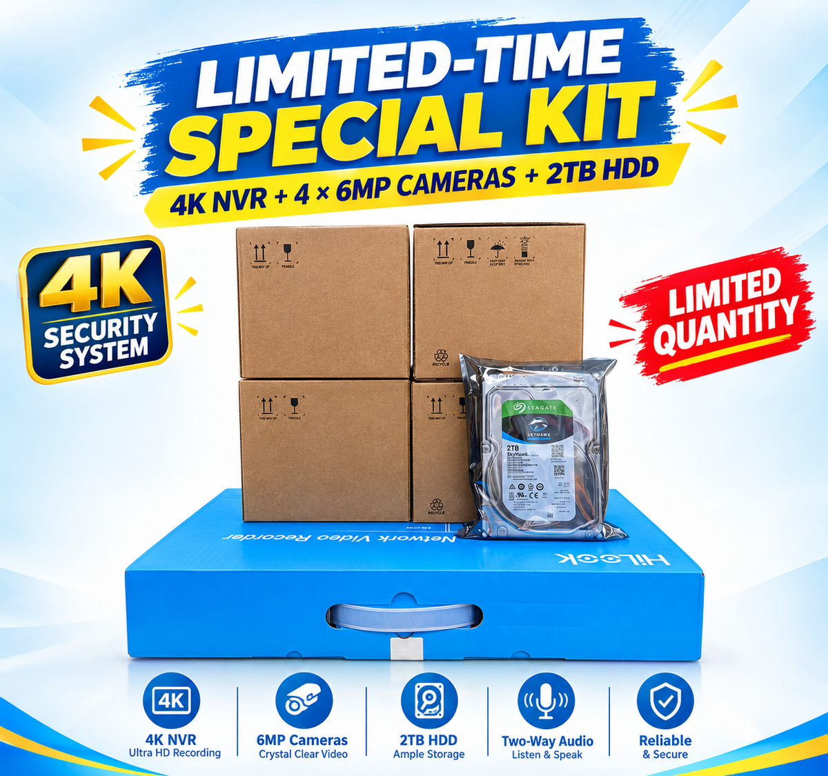HiLook 4K Security Camera Kit – 4 × 6MP OEM IP Cameras, NVR, 2TB HDD