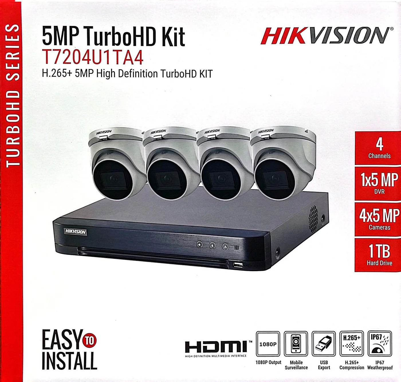 Kit de caméra de sécurité CCTV Hikvision TurboHD 5MP avec DVR et disque dur | Système 4 et 8 canaux | Modèles T7204U1TA4 et T7208U2TA6