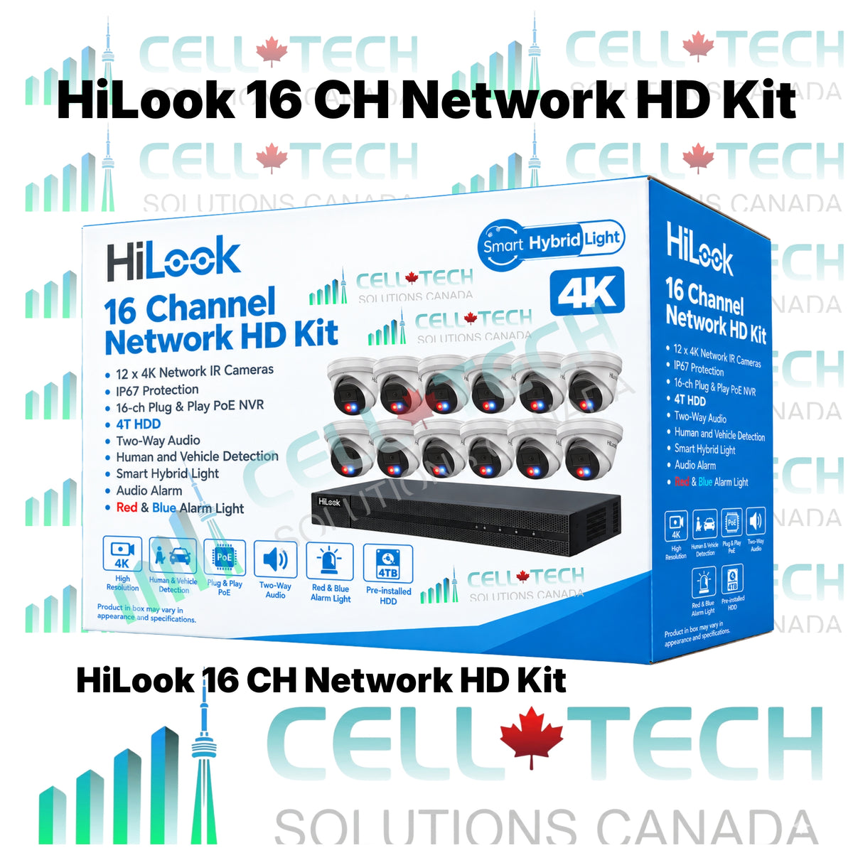 HiLook 16 Channel 4K PoE Security Camera System – 12× 4K Cameras, 4TB HDD, Smart Hybrid Light