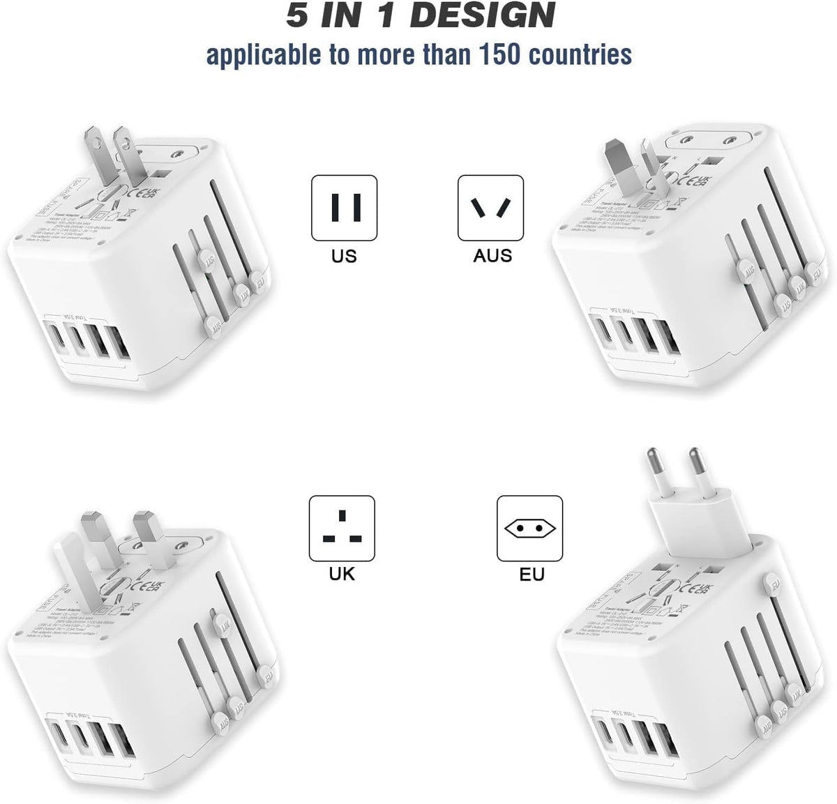 Adaptateur de prise de voyage universel international, adaptateur de prise de voyage européen 5 en 1 avec 2 ports USB-A et 2 ports USB C 3,5 A et prise murale CA universelle pour l'Europe, les États-Unis, le Royaume-Uni, l'Australie et l'Asie