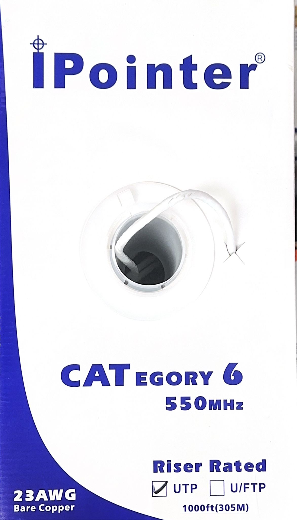 I Pointer Câble CAT6 en Cuivre Nu, C(ETL)US, CMR, FT4 1000FT 23AWG, 550MHZ, Blanc / Noir