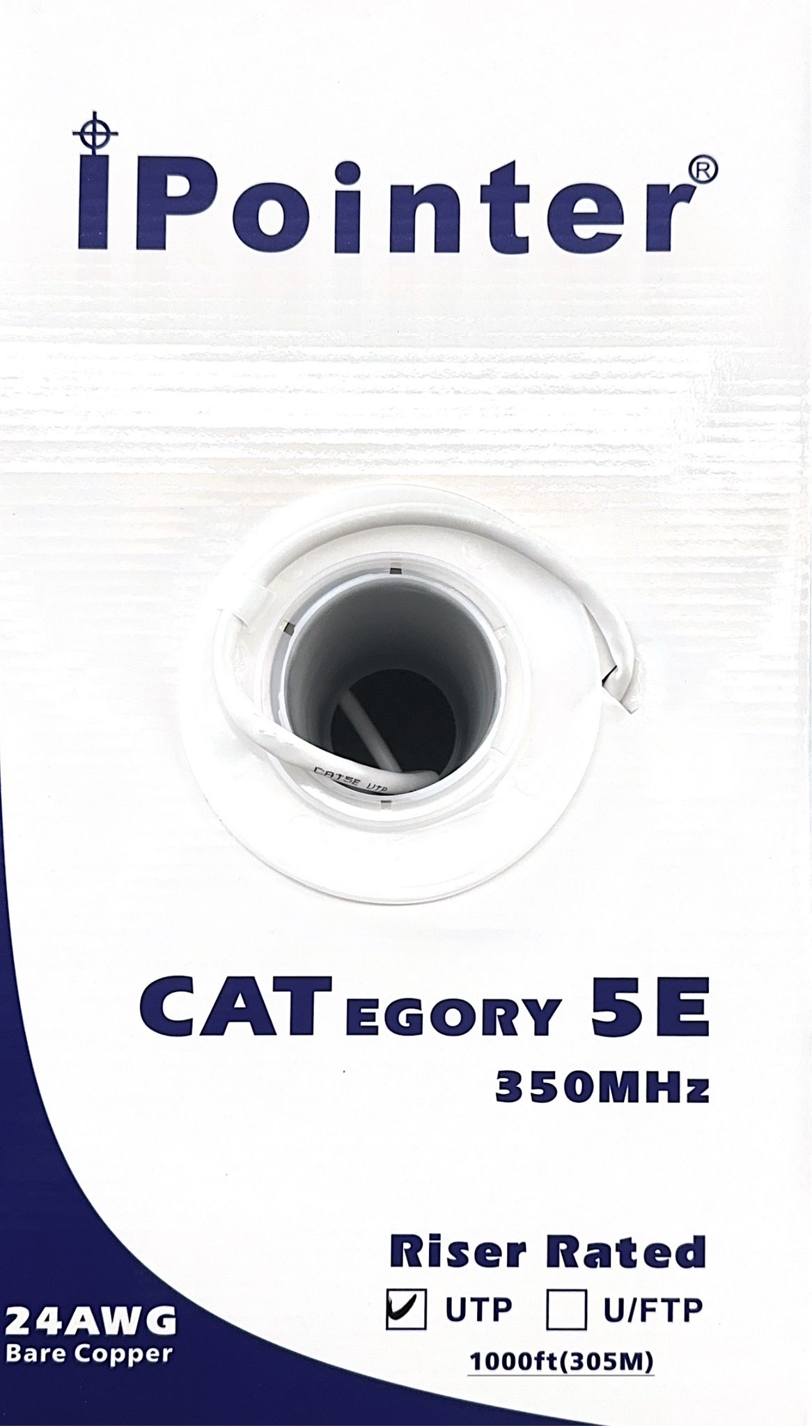 iPointer CAT5e Bare Copper, C(ETL)US, CMR, FT4 1000FT, 24AWG, 350MHz, White / Black