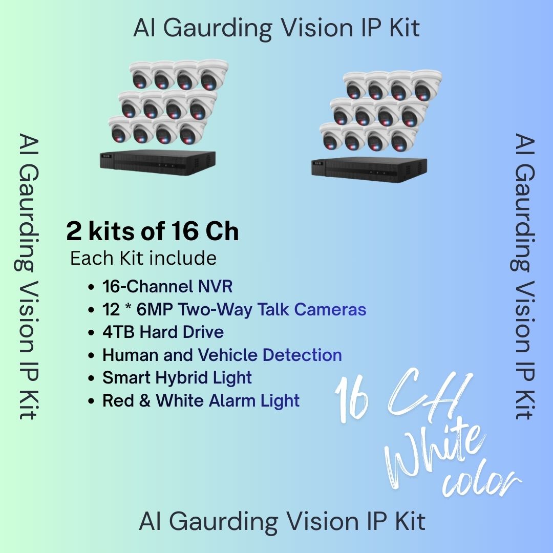 Système de sécurité AI Guarding Vision 6MP : Kits NVR 4/8/16 canaux avec caméras tourelles à dissuasion active, lumières clignotantes rouges/bleues, audio bidirectionnel et disque dur de 2 To/4 To – Disponible en noir ou blanc