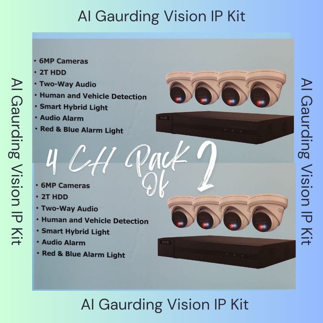 Système de sécurité AI Guarding Vision 6MP : Kits NVR 4/8/16 canaux avec caméras tourelles à dissuasion active, lumières clignotantes rouges/bleues, audio bidirectionnel et disque dur de 2 To/4 To – Disponible en noir ou blanc
