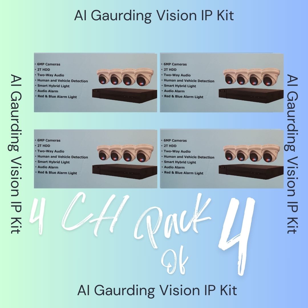 Système de sécurité AI Guarding Vision 6MP : Kits NVR 4/8/16 canaux avec caméras tourelles à dissuasion active, lumières clignotantes rouges/bleues, audio bidirectionnel et disque dur de 2 To/4 To – Disponible en noir ou blanc