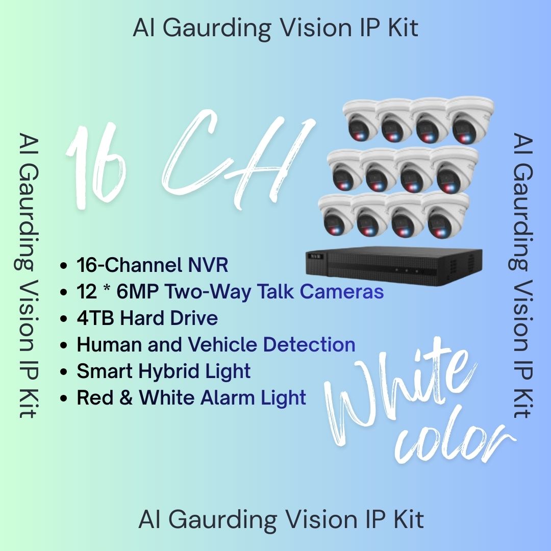 Système de sécurité AI Guarding Vision 6MP : Kits NVR 4/8/16 canaux avec caméras tourelles à dissuasion active, lumières clignotantes rouges/bleues, audio bidirectionnel et disque dur de 2 To/4 To – Disponible en noir ou blanc