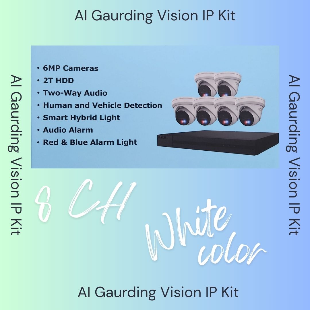 Système de sécurité AI Guarding Vision 6MP : Kits NVR 4/8/16 canaux avec caméras tourelles à dissuasion active, lumières clignotantes rouges/bleues, audio bidirectionnel et disque dur de 2 To/4 To – Disponible en noir ou blanc